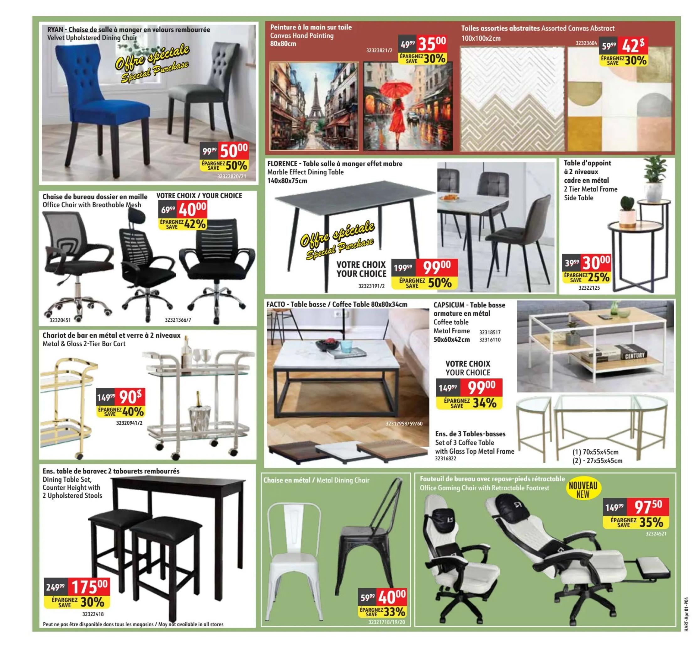 Hart flyer page 4 features a variety of home furnishings. The RYAN Velvet Upholstered Dining Chair is on special purchase for $50.00, a 50% saving. Office chairs with breathable mesh are available for your choice at $40.00, saving 42%. A Metal & Glass 2-Tier Bar Cart is priced at $90.00, with a 40% saving. The Dining Table Set with 2 Upholstered Stools is $175.00, a 30% saving. In the centre, the FLORENCE Marble Effect Dining Table is on special purchase for $99.00, saving 50%. The FACTO Coffee Table is $99.00, saving 34%. Assorted abstract canvas art is available, with 80x80cm paintings for $35.00 (30% off) and 100x100x2cm canvases for $42.00 (30% off). A 2-Tier Metal Frame Side Table is $30.00, saving 25%. Metal Dining Chairs are $40.00, saving 33%. A new item, the Office Gaming Chair with Retractable Footrest, is $97.50, saving 35%.