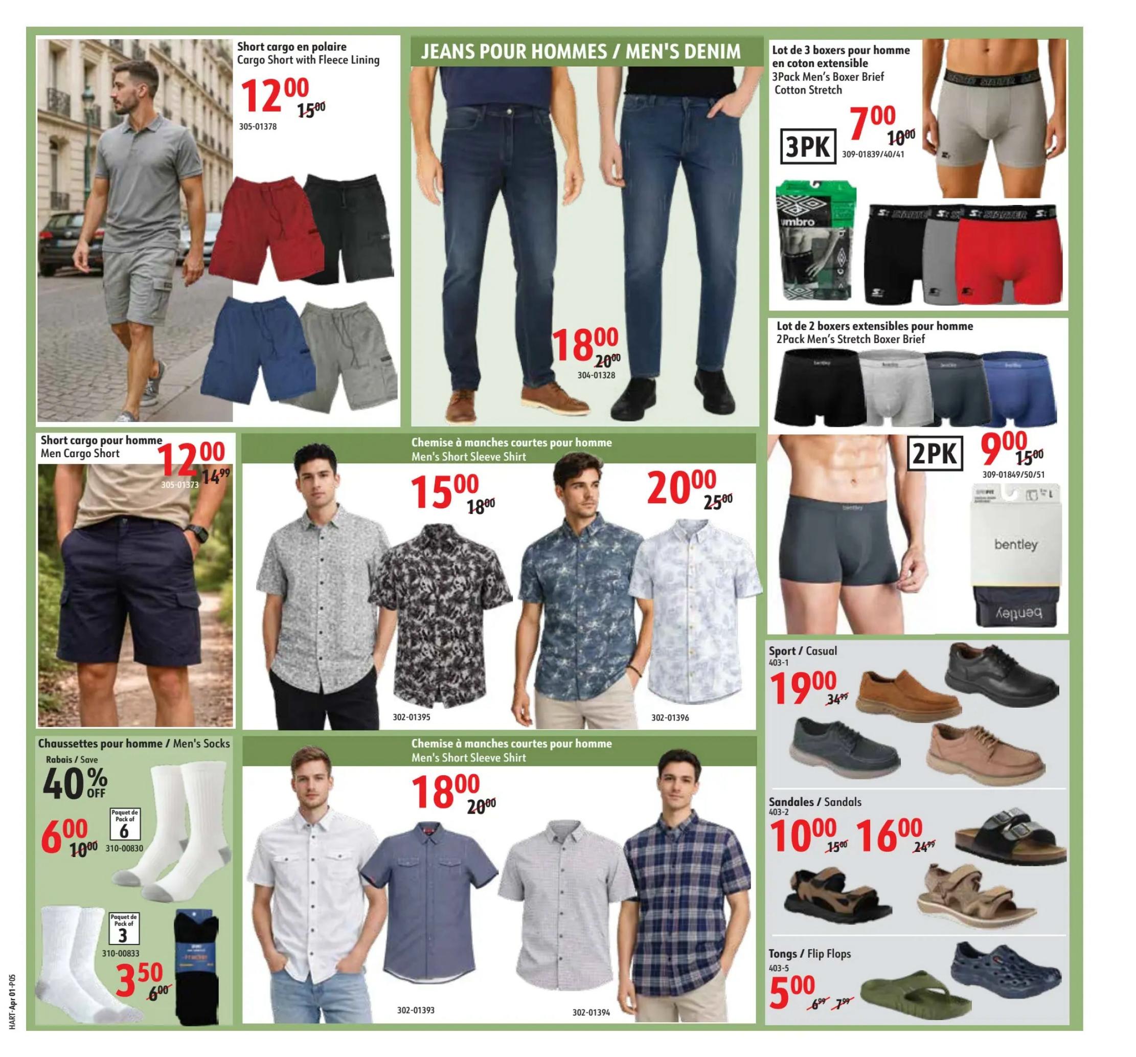 Hart flyer page 5 features men's apparel and footwear. Top section displays Cargo Short with Fleece Lining for $12.00 (originally $15.00) and Men's Denim jeans for $18.00 (originally $20.00). Also available are 3-Pack Men's Boxer Briefs for $7.00 (originally $10.00) and 2-Pack Men's Stretch Boxer Briefs for $9.00 (originally $15.00). The middle section showcases Men's Short Sleeve Shirts starting at $15.00 (originally $18.00) and others for $20.00 (originally $25.00). The bottom section includes Men's Socks with a 40% discount, a pack of 6 for $6.00 (originally $10.00) and a pack of 3 for $3.50 (originally $6.00). Additionally, there are Sport/Casual shoes for $19.00 (originally $34.99), Sandals for $10.00 (originally $15.00) and $16.00 (originally $24.99), and Tongs/Flip Flops for $5.00 (originally $6.99 or $7.99).