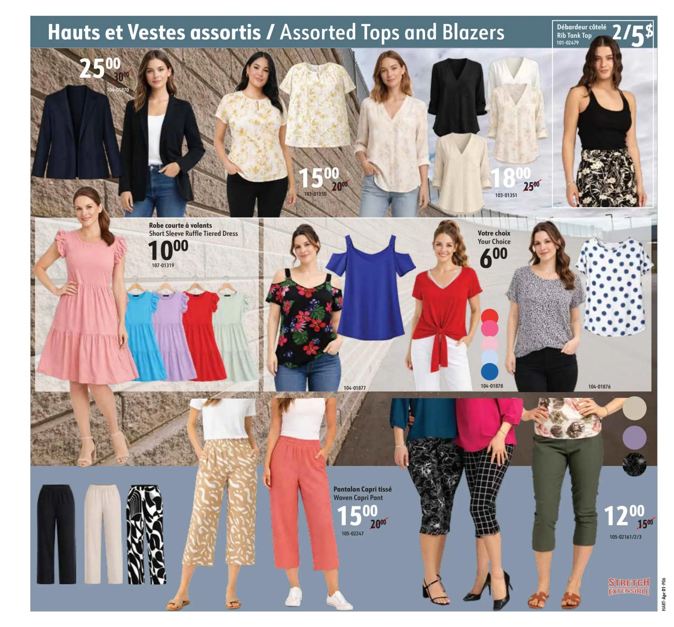 Hart flyer page 6 features assorted tops and blazers. A navy blazer is on sale for $25.00, down from $30.00. Assorted tops are $15.00 each, originally $20.00. Several styles of blouses are available for $18.00, reduced from $25.00. Ribbed tank tops are 2 for $5. A short-sleeve tiered dress is $10.00. Your choice of cold-shoulder tops or tie-front tops are $6.00 each. Woven capri pants are $15.00, down from $20.00. Stretch capri pants are $12.00, reduced from $15.00.