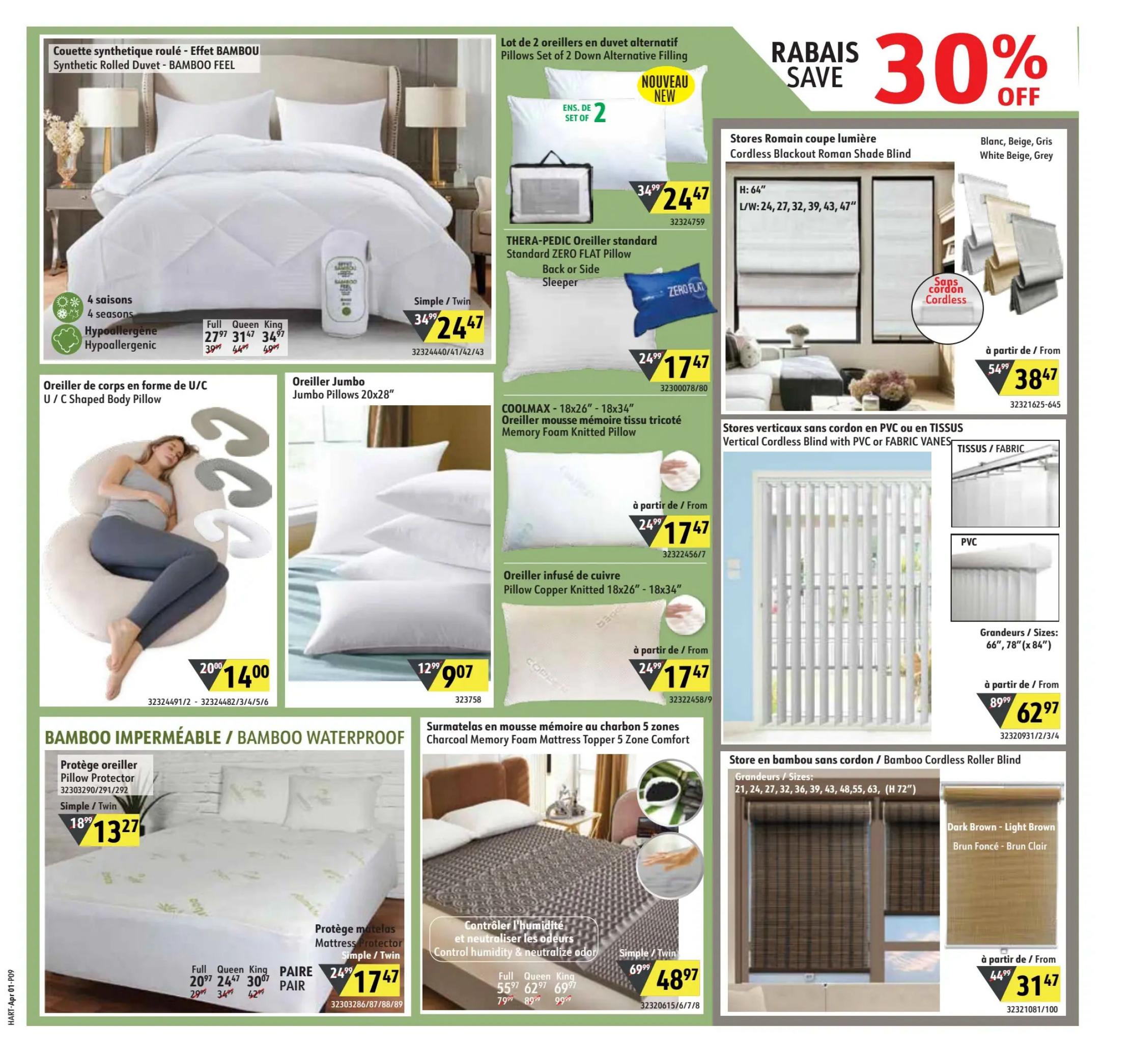 Hart flyer page 9 features bedding and window treatments. A Synthetic Rolled Duvet with Bamboo Feel is available in 4 seasons and hypoallergenic options, priced at $24.47 for Simple/Twin, $30.99 for Full, $31.47 for Queen, and $34.97 for King. U/C Shaped Body Pillows are on sale for $14.00, down from $20.00. Jumbo Pillows are $9.07. The page also highlights a 30% off sale on Stores Romain coupe lumière Cordless Blackout Roman Shade Blinds, starting from $38.47, originally $54.99. Vertical Cordless Blinds in PVC or Fabric are available starting from $62.97, down from $89.99. Bamboo Cordless Roller Blinds are on sale from $31.47, reduced from $44.99. Other bedding includes THERAPEDIC Standard ZERO FLAT Pillows for $17.47, down from $24.99, and COOLMAX Memory Foam Knitted Pillows for $17.47, also down from $24.99. Copper Knitted Pillows are $17.47. Waterproof Bamboo Pillow Protectors are $13.27, down from $18.99. Waterproof Bamboo Mattress Protectors are $17.47 for Simple/Twin, down from $24.99, with Full size at $29.99, Queen at $34.99, and King at $42.99. A 5-Zone Charcoal Memory Foam Mattress Topper is on sale for $48.97, down from $69.99.