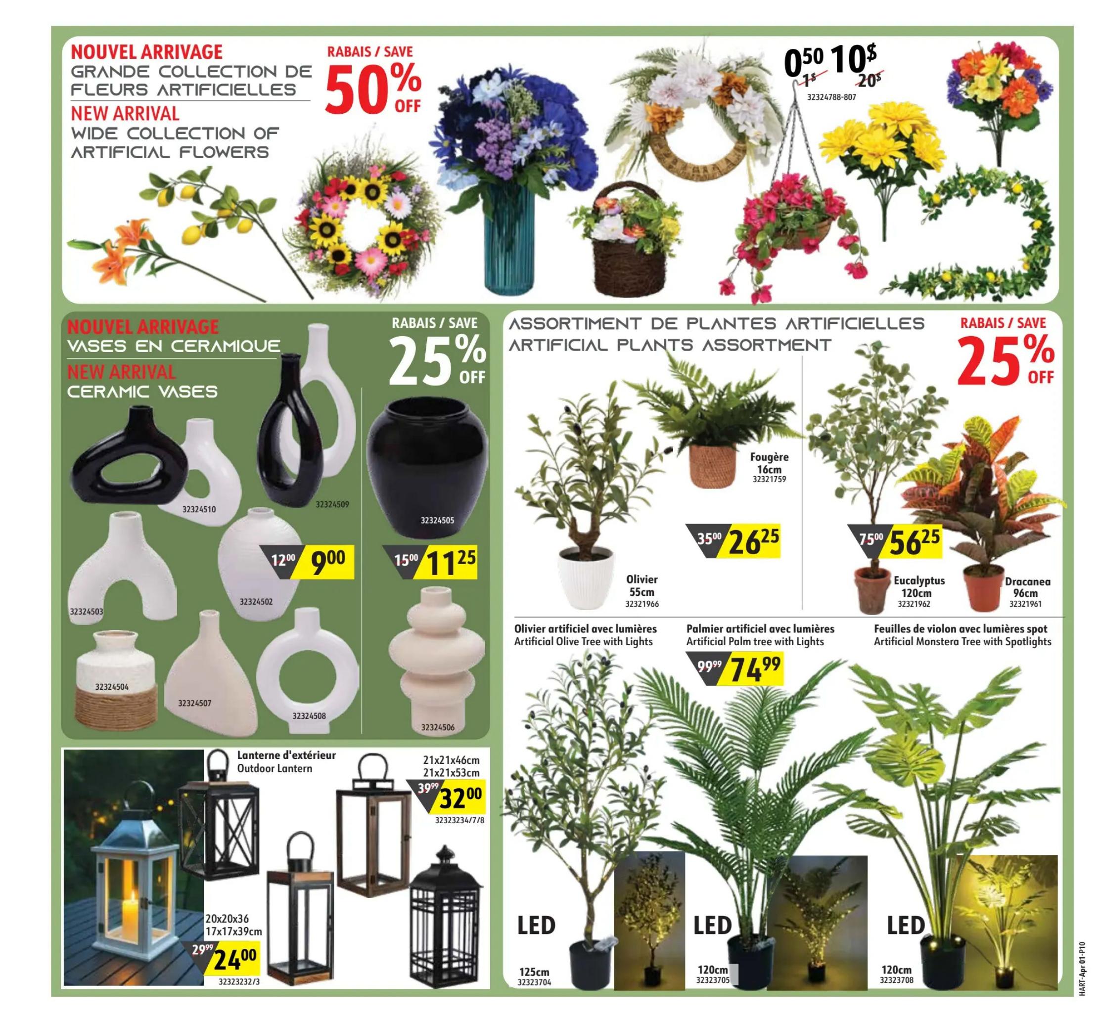 Hart flyer page 10 features a wide collection of artificial flowers with a 50% discount. New arrival ceramic vases are 25% off, with select vases priced at $9.00 (originally $12.00) and others at $11.25 (originally $15.00). The page also showcases artificial plants, including a 55cm Artificial Olive Tree with Lights for $26.25 (originally $35.00), a 120cm Eucalyptus for $56.25 (originally $75.00), and a 96cm Dracaena. Additionally, an Artificial Palm Tree with Lights is available for $74.99 (originally $99.99), and Artificial Monstera Tree with Spotlights is also featured. Outdoor lanterns are on sale, with a 20x20x36cm lantern priced at $24.00 (originally $29.99) and a 21x21x46cm lantern for $32.00 (originally $39.99).