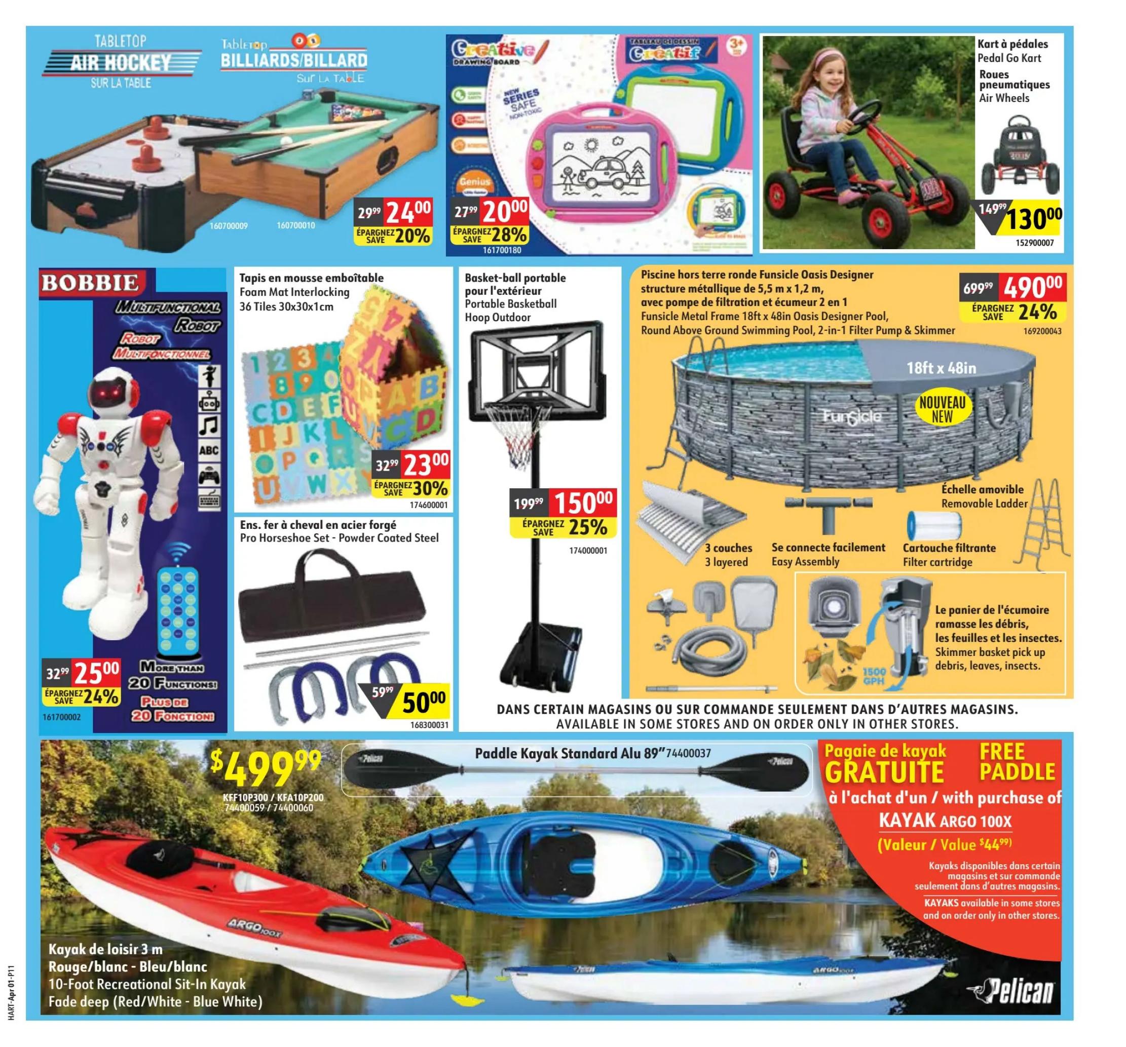 Hart flyer specials page 11 features a variety of recreational and outdoor items. Top row includes a Tabletop Air Hockey game for $29.99, down from $24.00 (20% off), and Tabletop Billiards for $29.99, down from $24.00 (20% off). A Creative Drawing Board is on sale for $20.00, reduced from $27.99 (28% off). A Pedal Go Kart with air wheels is priced at $130.00, down from $149.99. Middle row showcases a Bobbie Multifunctional Robot for $25.00, down from $32.99 (24% off), offering more than 20 functions. Foam interlocking mats are available for $23.00, down from $32.99 (30% off). A portable basketball hoop is priced at $150.00, down from $199.99 (25% off). A Funsicle Oasis Designer 18ft x 48in metal frame round swimming pool with a 2-in-1 filter pump and skimmer is on sale for $49.00, down from $69.99 (24% off). The pool includes a removable ladder, filter cartridge, and a skimmer basket that picks up debris, leaves, and insects. Bottom section features a 10-foot recreational sit-in kayak in red/white/blue for $499.99. With the purchase of a Kayak Argo 100X, receive a free paddle valued at $44.99. Kayaks are available in some stores and on order only in other stores. A Pro Horseshoe Set is $50.00, down from $59.99.