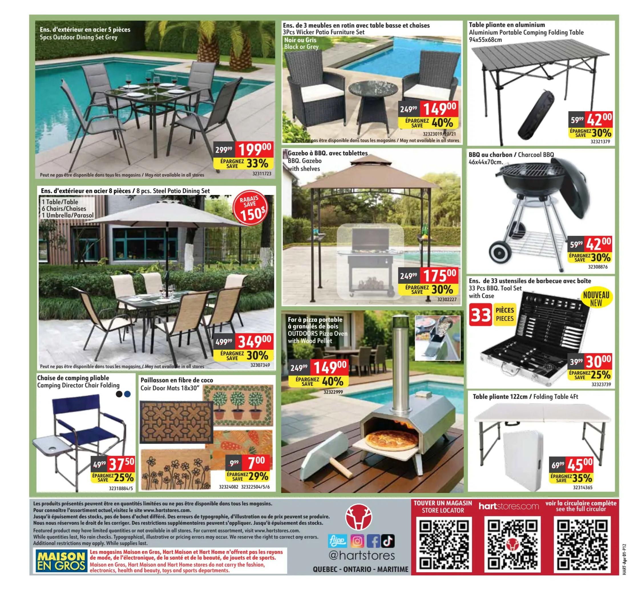 Hart flyer page 12 features outdoor and home goods. A 5-piece outdoor dining set in grey is on sale for $199.99, saving 33%. An 8-piece steel patio dining set is available for $349.00, with a $150 savings. A 3-piece wicker patio furniture set in black or grey is priced at $149.00, a 40% discount. An aluminium portable camping folding table (94x55x68cm) is $42.00, down 30%. A BBQ with shelves is on sale for $175.00, a 30% saving. A charcoal BBQ (46x44x70cm) is $42.00, a 30% discount. A 33-piece BBQ tool set with case is $30.00, a 25% saving, and is a new arrival. A portable wood pellet outdoor pizza oven is $149.00, a 40% discount. A folding director chair is $37.50, a 25% saving. Coir door mats are available in 18x30' size, with prices starting at $7.00, a 29% discount. A 122cm / 4ft folding table is $45.00, a 35% saving. The flyer also includes store locator information and website details for hartstores.com.