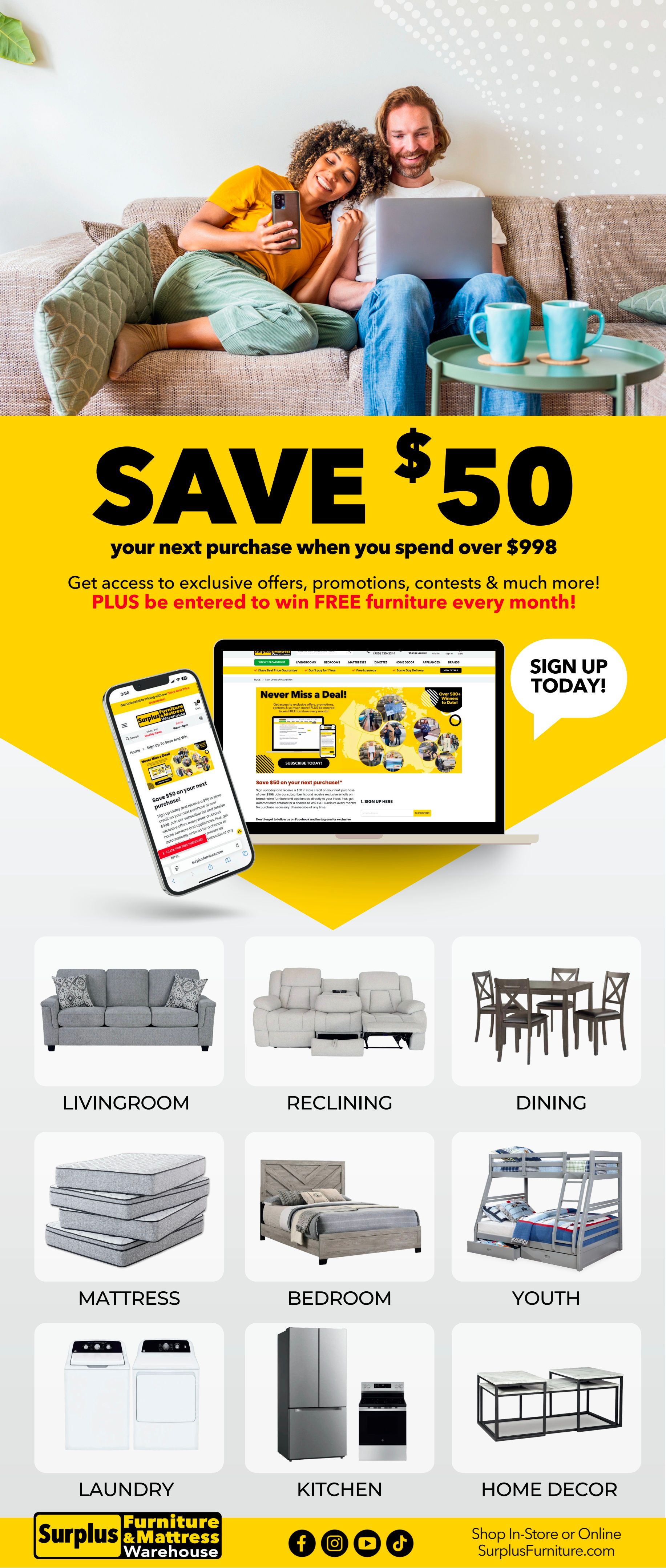 Surplus Furniture & Mattress Warehouse weekly flyer specials for South Ontario. Page 3 features a promotion to save $50 on your next purchase when you spend over $998, plus access to exclusive offers and a chance to win free furniture monthly. Sign up today! The page also showcases various furniture categories including Living Room sofas, Reclining furniture, Dining sets, Mattresses, Bedroom furniture, Youth bunk beds, Laundry appliances, Kitchen appliances, and Home Decor items like coffee tables. Shop in-store or online at SurplusFurniture.com.