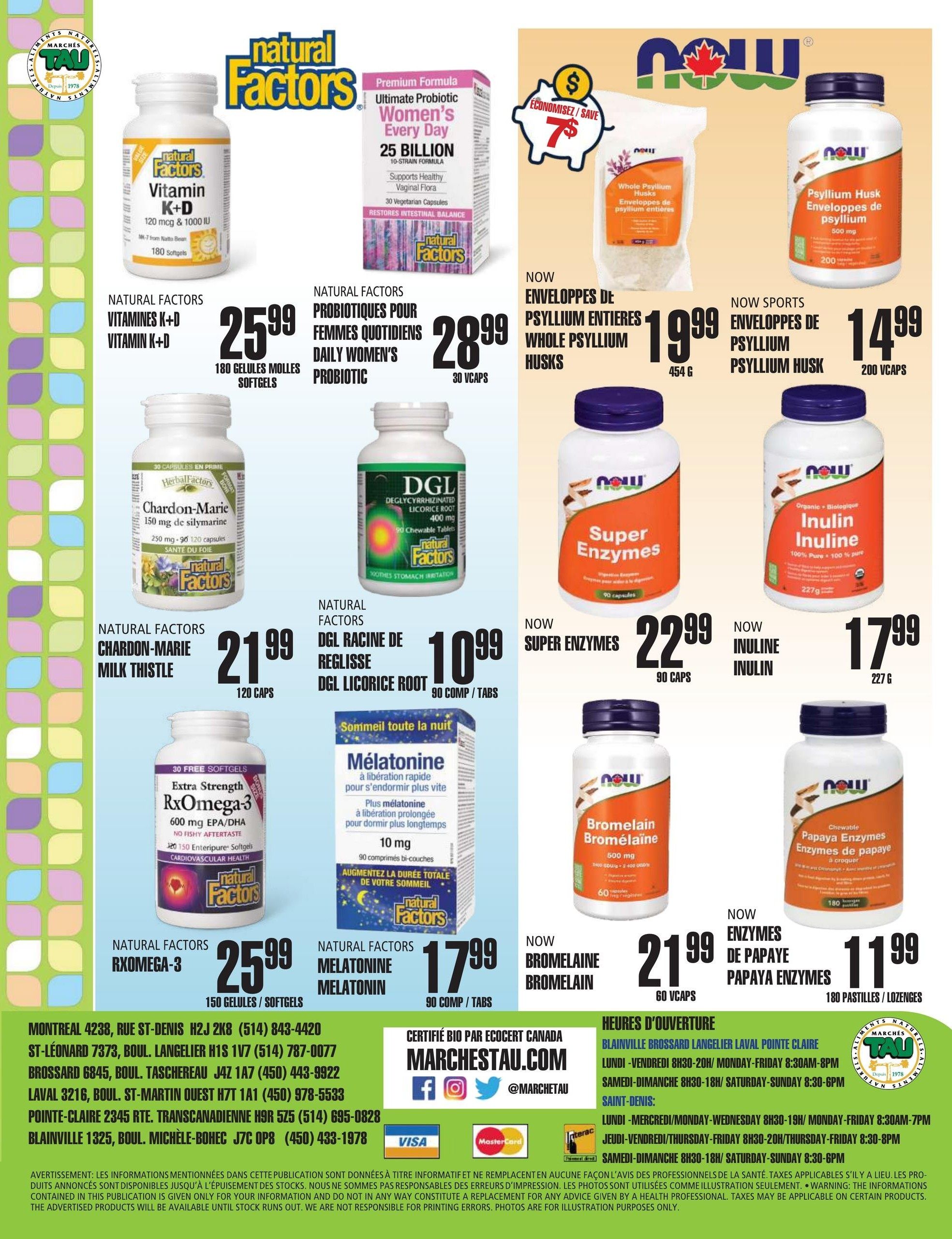 Marches TAU flyer, page 16, features Natural Factors Vitamin K+D for $25.99 (180 softgels), and Natural Factors Daily Women's Probiotic for $28.99 (30 vcaps). Also available are NOW Whole Psyllium Husks for $19.99 (454 g) and NOW Sports Psyllium Husk for $14.99 (200 vcaps). Other Natural Factors products include Chardon-Marie Milk Thistle for $21.99 (120 caps), DGL Licorice Root for $10.99 (90 comp/tabs), RxOmega-3 for $25.99 (150 gel/softgels), and Melatonin for $17.99 (90 comp/tabs). NOW brand products on sale are Super Enzymes for $22.99 (90 caps), Inulin for $17.99 (227 g), Bromelain for $21.99 (60 vcaps), and Papaya Enzymes for $11.99 (180 pastilles/lozenges).