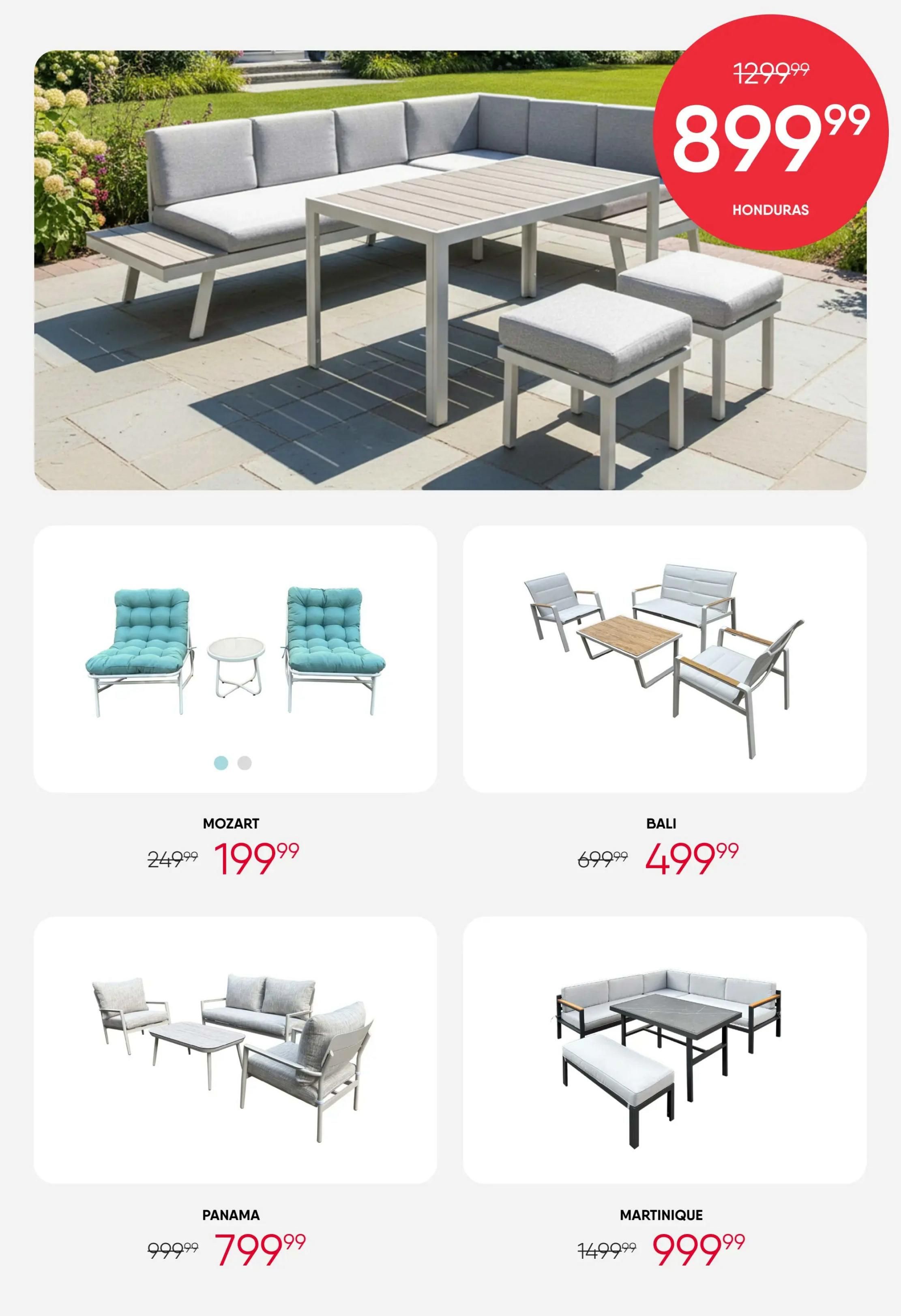 RD Furniture weekly flyer specials page 3 features outdoor furniture sets. The Honduras sectional outdoor dining set is on sale for $899.99, down from $1299.99. Also featured are the Mozart set, including two chairs and a side table, for $199.99 (originally $249.99). The Bali set, a four-piece seating arrangement with a coffee table, is priced at $499.99 (originally $699.99). The Panama set, a living room style outdoor furniture collection with a coffee table, is available for $799.99 (originally $999.99). Finally, the Martinique sectional outdoor dining set with a bench is on sale for $999.99, reduced from $1499.99.
