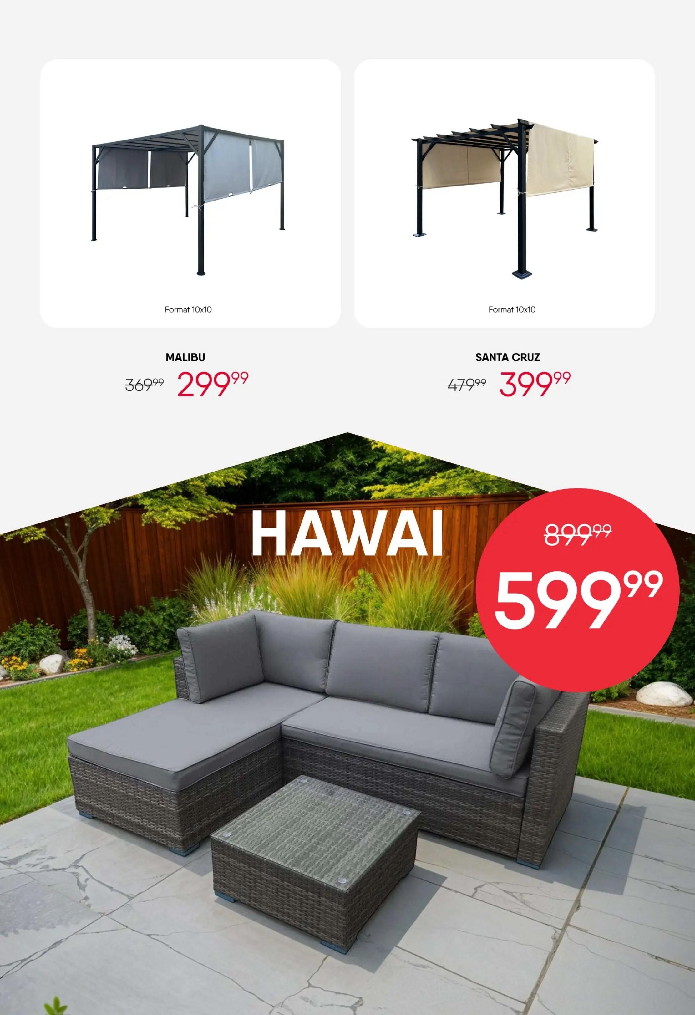 RD Furniture weekly flyer specials page 4 features outdoor living items. The MALIBU gazebo, 10x10 format, is on sale for $299.99, down from $369.99. The SANTA CRUZ gazebo, also 10x10 format, is priced at $399.99, reduced from $479.99. A large grey wicker sectional sofa with a coffee table, named HAWAI, is prominently displayed and on special for $599.99, originally $899.99.