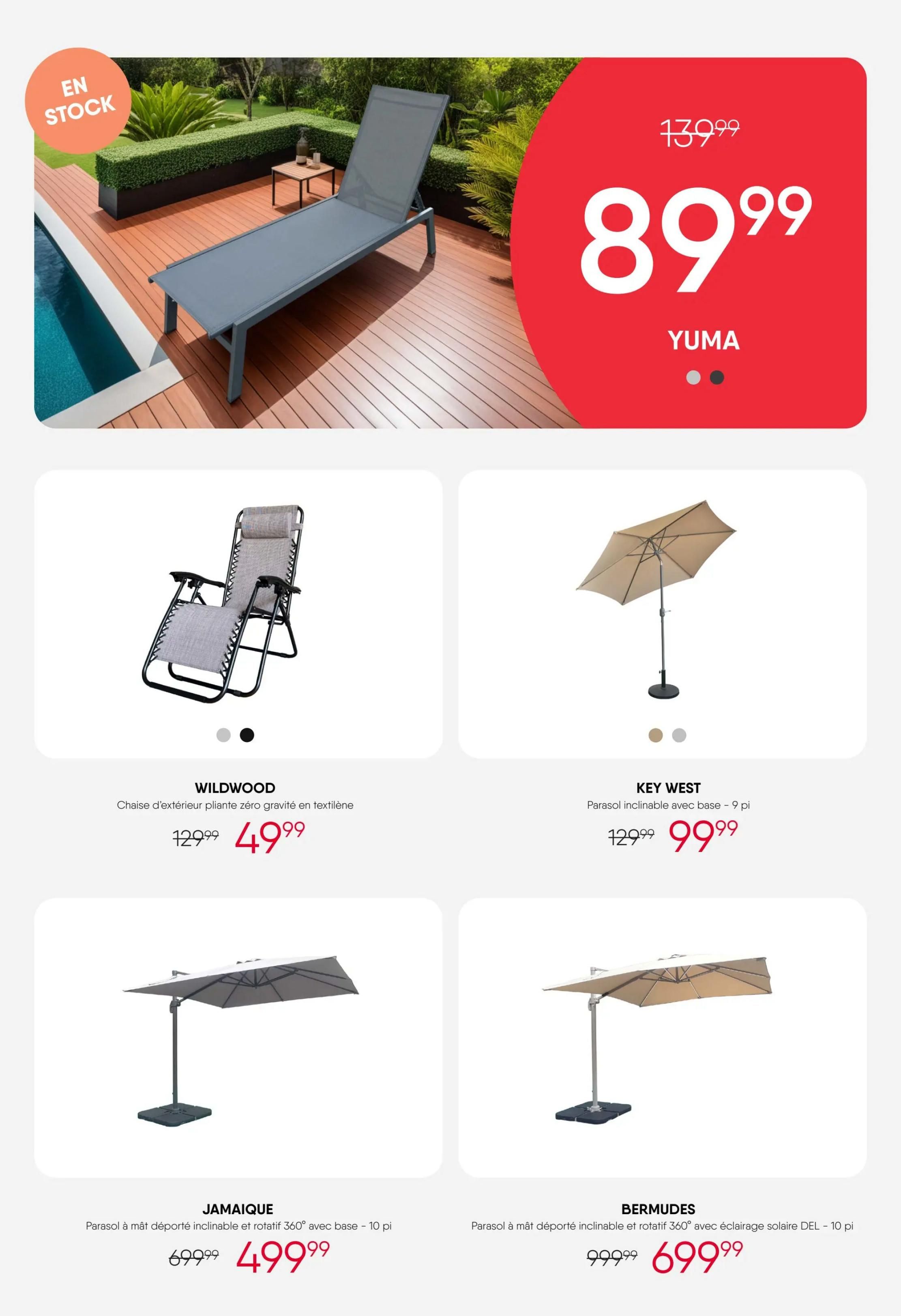 RD Furniture weekly flyer specials page 5 features the YUMA lounger on sale for $89.99, originally $139.99. Also available are the WILDWOOD zero gravity folding outdoor chair for $49.99, originally $129.99. The KEY WEST 9-ft cantilever umbrella with base is $99.99, originally $129.99. The JAMAICA 10-ft cantilever umbrella with base is $499.99, originally $699.99. The BERMUDES 10-ft cantilever umbrella with solar lighting is $699.99, originally $999.99.