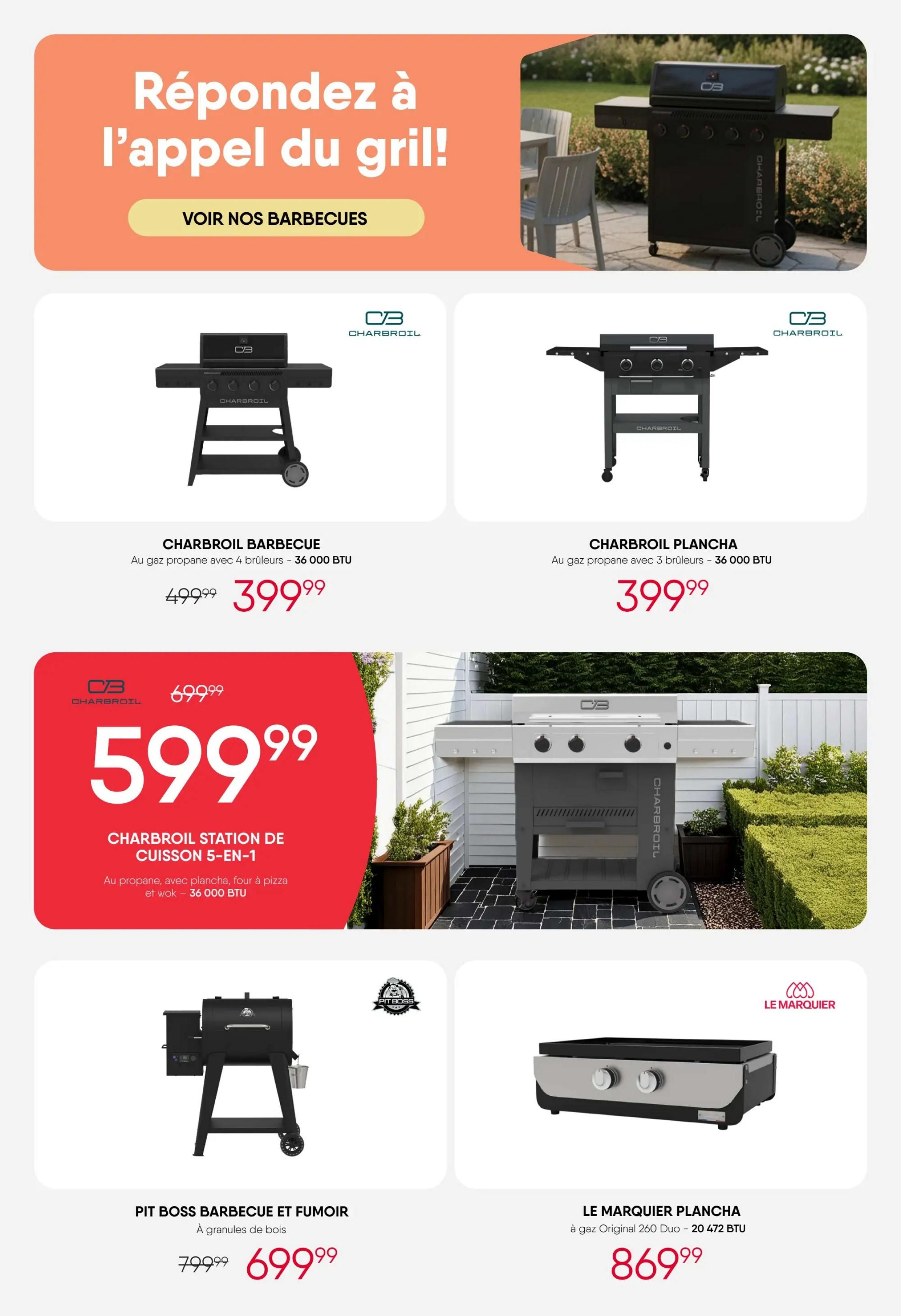 RD Furniture Weekly Flyer Specials Page 6 features a selection of barbecues and planchas. Top section has a 'Answer the call of the grill!' headline with a 'See Our Barbecues' button. Below, a Charbroil Barbecue with 4 burners and 36,000 BTU is on sale for $399.99, down from $499.99. Next to it, a Charbroil Plancha with 3 burners and 36,000 BTU is priced at $399.99. The middle section highlights a Charbroil 5-in-1 Cooking Station, propane-powered with plancha, pizza oven, and wok, boasting 36,000 BTU, for $599.99 (originally $699.99). The bottom row shows a Pit Boss Barbecue and Smoker, wood pellet fueled, for $699.99 (reduced from $799.99). To the right, a Le Marquier Plancha, Original 260 Duo model with 20,472 BTU, is available for $869.99.