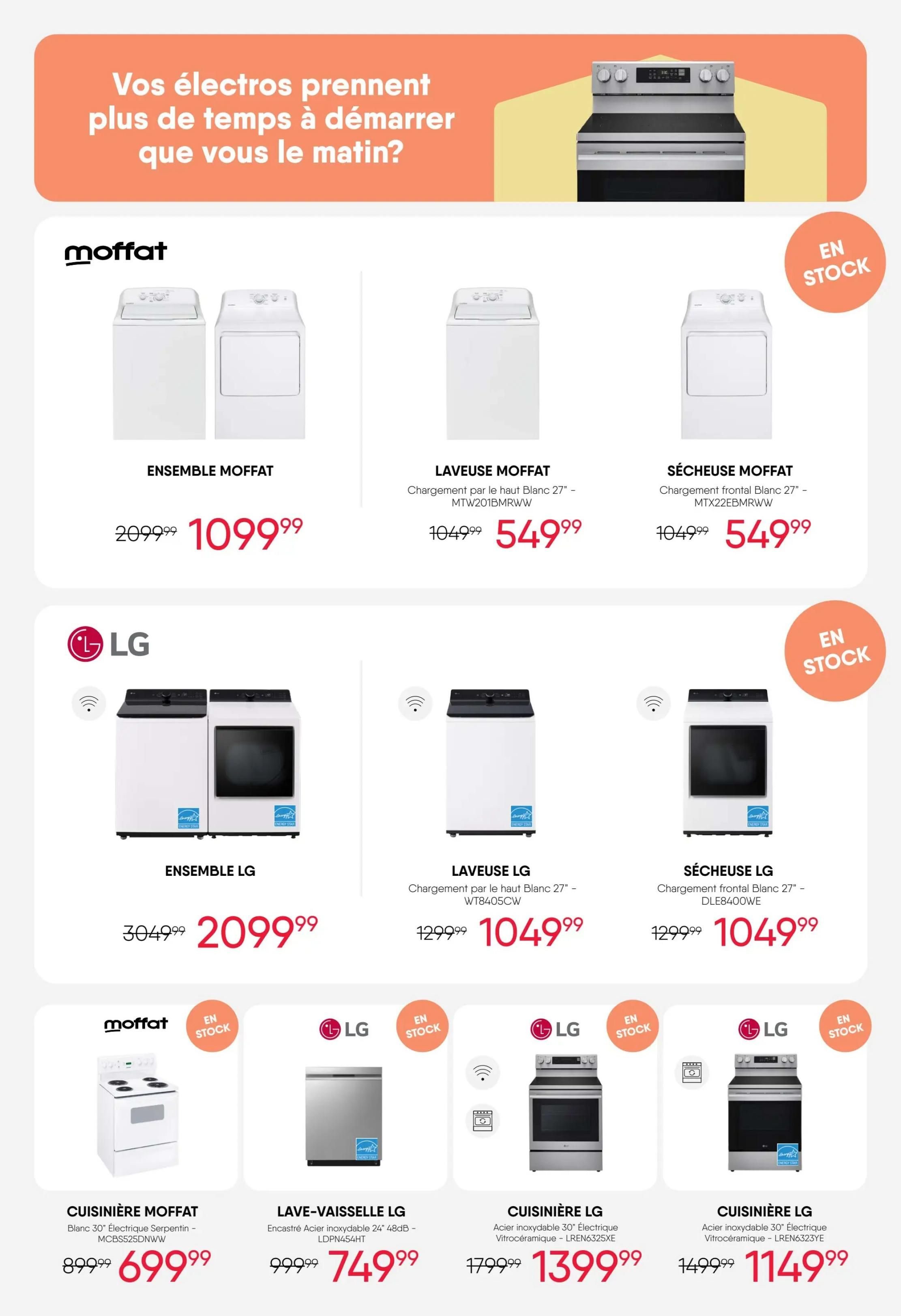 RD Furniture Weekly Flyer Specials, Page 8. Features a large graphic with the text 'Your appliances take longer to start than you do in the morning?'. Below, find deals on Moffat and LG appliances. Moffat offers a Washer and Dryer set for $1099.99 (originally $2099.99), a 27' top-load washer for $549.99 (originally $1049.99), and a 27' front-load dryer for $549.99 (originally $1049.99). LG offers a Washer and Dryer set for $2099.99 (originally $3049.99), a 27' top-load washer for $1049.99 (originally $1299.99), and a 27' front-load dryer for $1049.99 (originally $1299.99). Also featured are a Moffat electric range for $699.99 (originally $899.99), an LG 24' stainless steel built-in dishwasher for $749.99 (originally $999.99), an LG 30' electric ceramic cooktop for $1399.99 (originally $1799.99), and an LG 30' electric ceramic cooktop for $1149.99 (originally $1499.99). Many items are marked 'In Stock'.