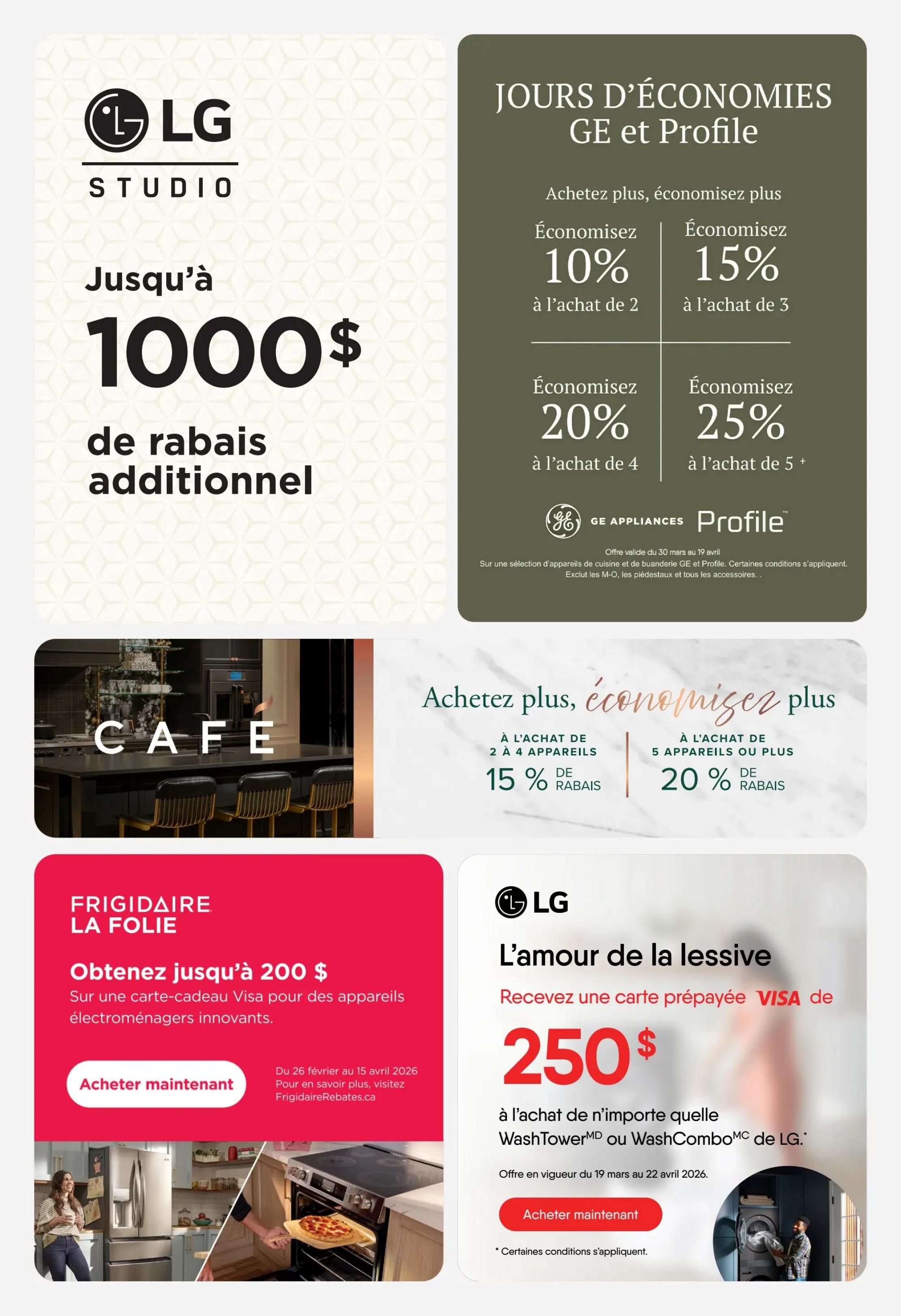 RD Furniture Weekly Flyer Specials, Page 9. Features LG Studio with up to $1000 additional rebate. GE and Profile Appliances 'Days of Savings' offer: Save 10% on purchase of 2, 15% on purchase of 3, 20% on purchase of 4, or 25% on purchase of 5+ appliances. Offer valid March 30 to April 19. Also, buy more, save more on appliances: get 15% off on purchase of 2 to 4 appliances, or 20% off on purchase of 5 or more appliances. 'Fridge Madness' promotion: Get up to $200 on a Visa gift card for innovative home appliances, valid February 26 to April 15, 2026. Visit FrigidaireRebates.ca. LG 'Love of Laundry' offer: Receive a $250 prepaid Visa card with the purchase of any LG WashTower or WashCombo appliance. Offer valid March 19 to April 22, 2026. Certain conditions apply to all offers.