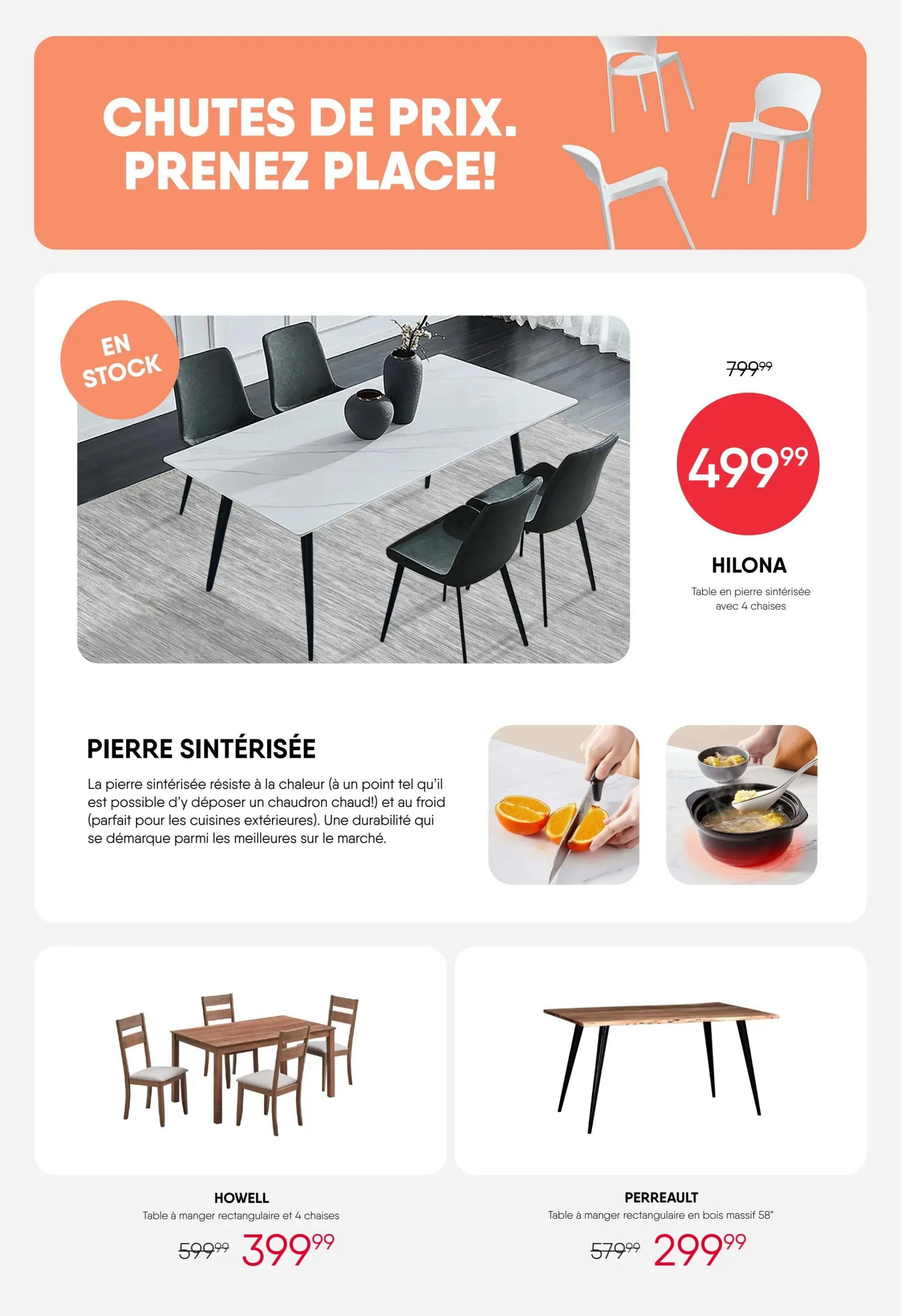 RD Furniture weekly flyer specials page 10 features a sale on dining sets and tables. The HILONA sintered stone dining table with 4 chairs is on sale for $499.99, originally $799.99. Sintered stone is heat and cold resistant, making it durable for indoor and outdoor kitchens. Also featured is the HOWELL rectangular dining table with 4 chairs for $399.99, down from $599.99. The PERREAULT 58' rectangular solid wood dining table is available for $299.99, reduced from $579.99. The page highlights 'Price Drops, Take a Seat!' with images of modern chairs.