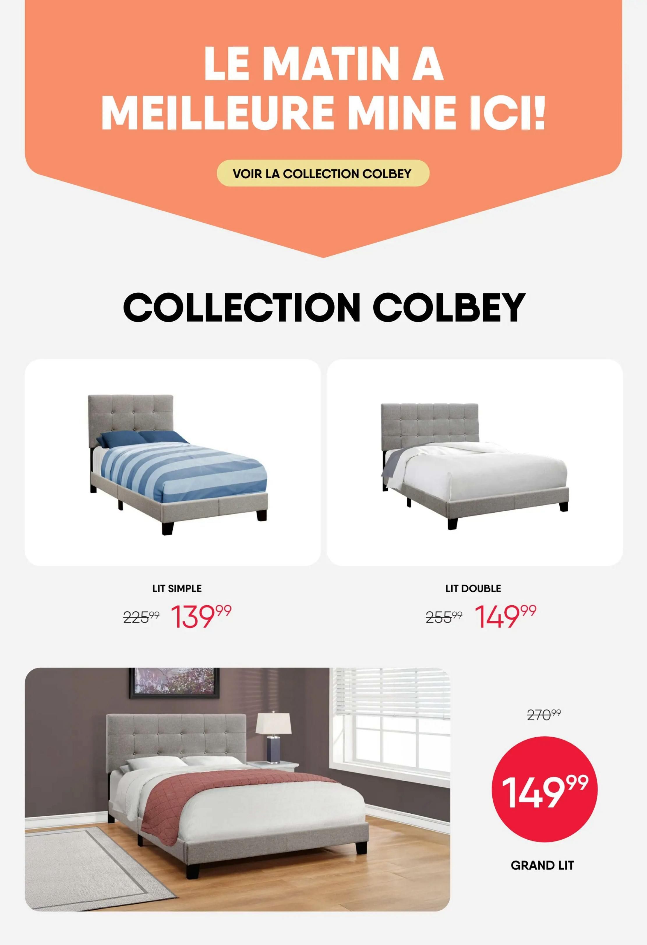 RD Furniture weekly flyer specials, page 12. Featuring the Colbey Collection. A simple bed is priced at $139.99, down from $225.99. A double bed is priced at $149.99, down from $255.99. A grand lit bed is priced at $149.99, with a previous price of $270.99.