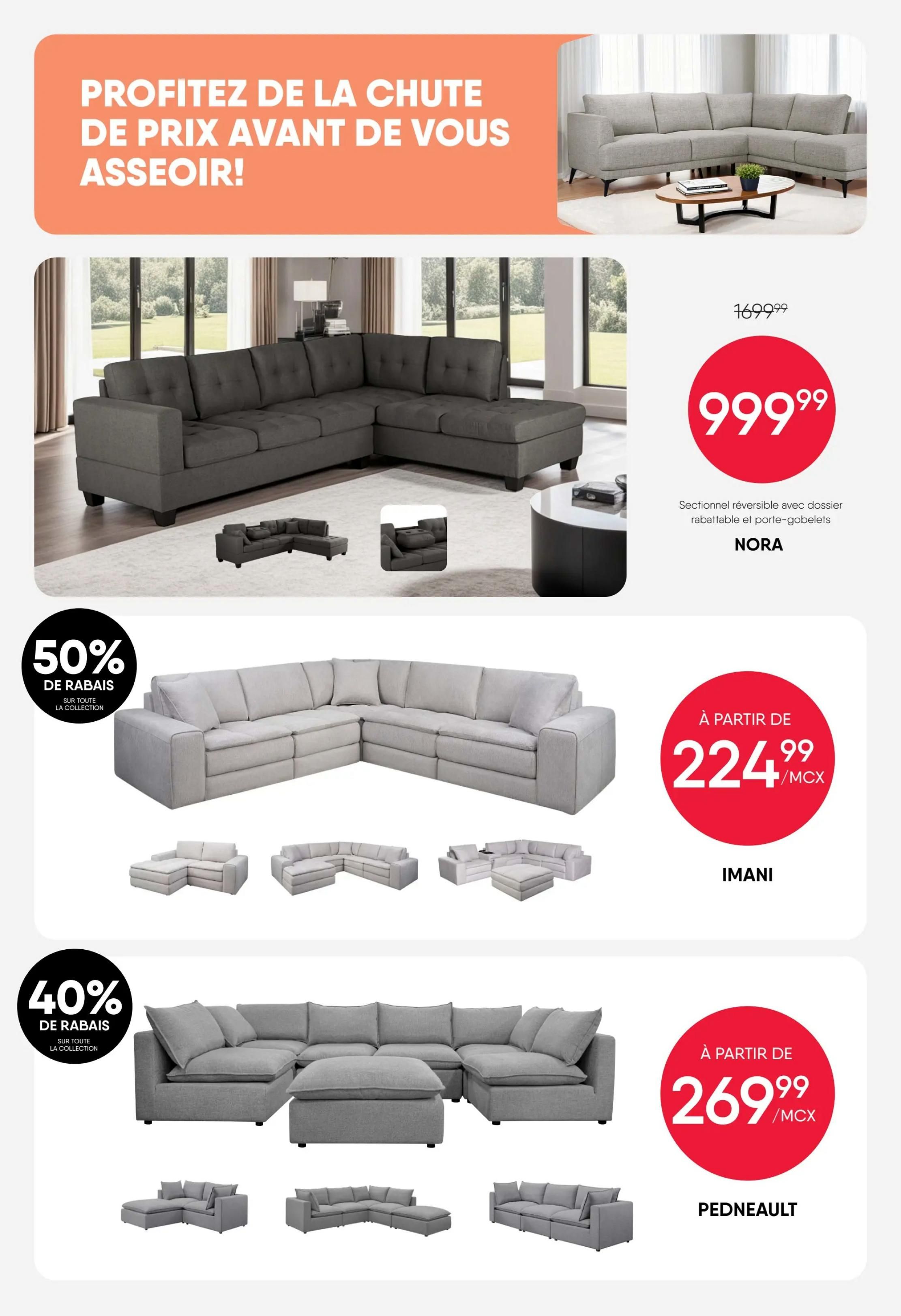 RD Furniture weekly flyer specials page 13 features a large sectional sofa on sale. The NORA reversible sectional with a foldable backrest and cup holders is priced at $999.99, down from $1699.99. Below, the IMANI sectional starts at $224.99 per month. Further down, the PEDNEAULT sectional starts at $269.99 per month. There are also promotions for 50% off select items and 40% off an entire collection, with images showcasing various configurations of sectional sofas.