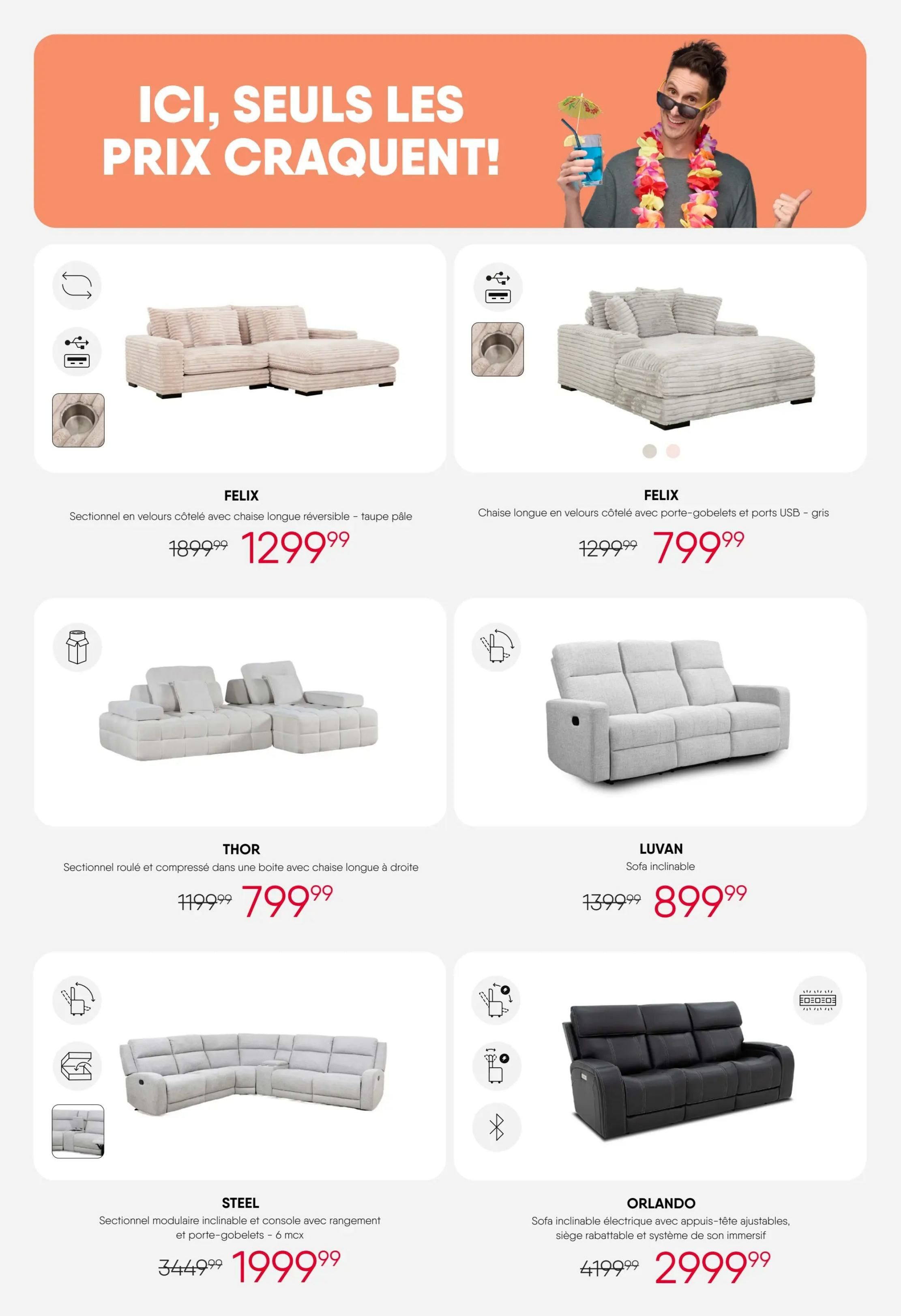 RD Furniture Weekly Flyer Specials, Page 14. Features a 'Prices That Rock!' graphic with a man in sunglasses and a lei. Product highlights include the FELIX reversible sectional in taupe for $1299.99 (originally $1899.99), and the FELIX chaise longue in grey corduroy with cup holders and USB ports for $799.99 (originally $1299.99). Also featured is the THOR sectional with storage chaise for $799.99 (originally $1199.99), the LUVAN reclining sofa for $899.99 (originally $1399.99), the STEEL modular reclining sectional with storage and cup holders for $1999.99 (originally $3449.99), and the ORLANDO electric reclining sofa with adjustable headrests, a fold-down seat, and immersive sound system for $2999.99 (originally $4199.99).