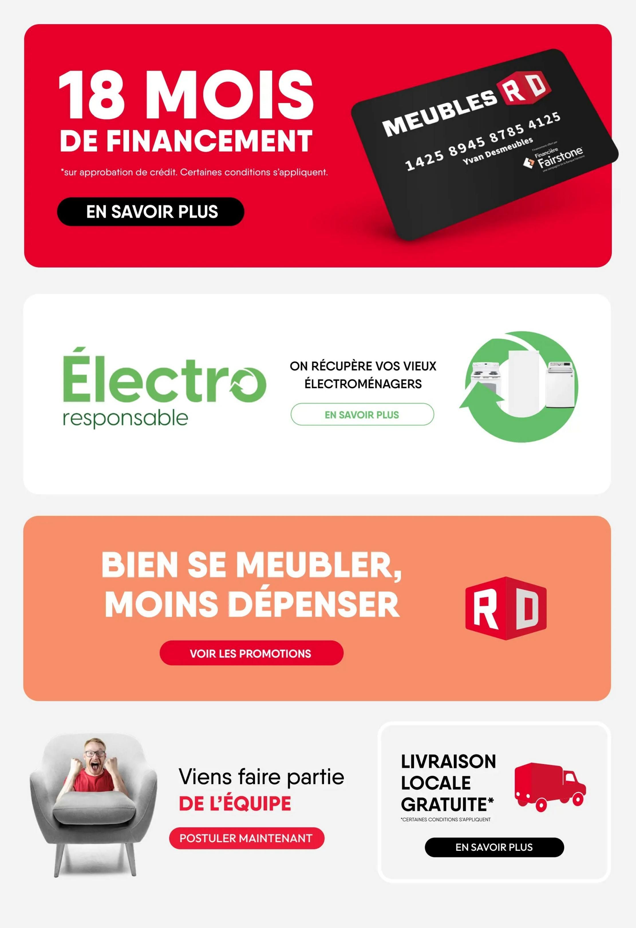 RD Furniture flyer page 15 featuring several offers. Top section highlights 18 months of financing with a 'Learn More' button and a credit card graphic. Middle section promotes 'Responsible Electro' with a 'Learn More' button and an image of appliances being recycled. The next section 'Furnish Well, Spend Less' has a 'View Promotions' button. Bottom left shows a 'Join the Team' call to action with a 'Apply Now' button. Bottom right offers 'Free Local Delivery' with a 'Learn More' button and a graphic of a delivery truck. All text is in French and translated to English for this description.