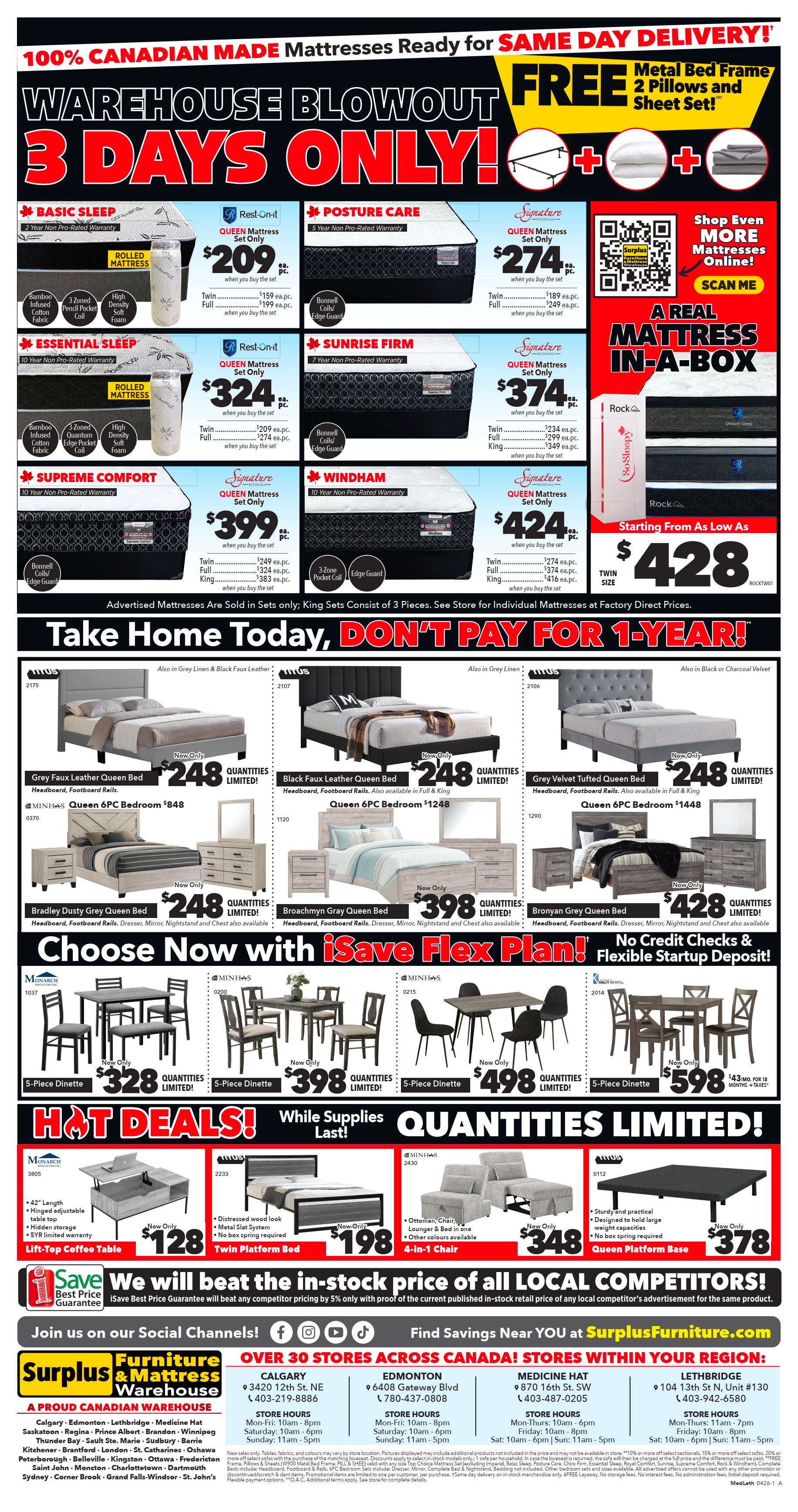 Surplus Furniture & Mattress Warehouse weekly flyer specials for Medicine Hat and Lethbridge, page 2. This page features a 3-day warehouse blowout sale on mattresses and bedroom furniture. Mattress deals include the Basic Sleep Queen Mattress Set Only for $209, Essential Sleep Queen Mattress Set Only for $324, Supreme Comfort Queen Mattress Set Only for $399, and Windham Queen Mattress Set Only for $424. Also available are the Posture Care Queen Mattress Set Only for $274 and Sunrise Firm Queen Mattress Set Only for $374. All advertised mattresses are sold in sets only, and King Sets consist of 3 pieces. A FREE Metal Bed Frame, 2 Pillows and Sheet Set is included with mattress purchases. Bedroom furniture deals include the Grey Faux Leather Queen Bed for $248, Black Faux Leather Queen Bed for $248, Grey Tufted Queen Bed for $248, Bradley Dusty Grey Queen Bed for $248, Broachman Grey Queen Bed for $398, and Bronyan Grey Queen Bed for $428. Dining sets are available starting at $328 for a 5-piece dinette, with other 5-piece dinettes priced at $398 and $498. Hot deals include a Lift-Top Coffee Table for $128, a Twin Platform Bed for $198, a 4-in-1 Chair for $348, and a Queen Platform Base for $378. The flyer also highlights a 'Save We Will Beat the in-stock price of all Local Competitors!' guarantee and offers flexible startup plans with no credit checks. Join them on social media and find savings near you at SurplusFurniture.com. Store locations and hours are provided for Calgary, Edmonton, Medicine Hat, and Lethbridge.