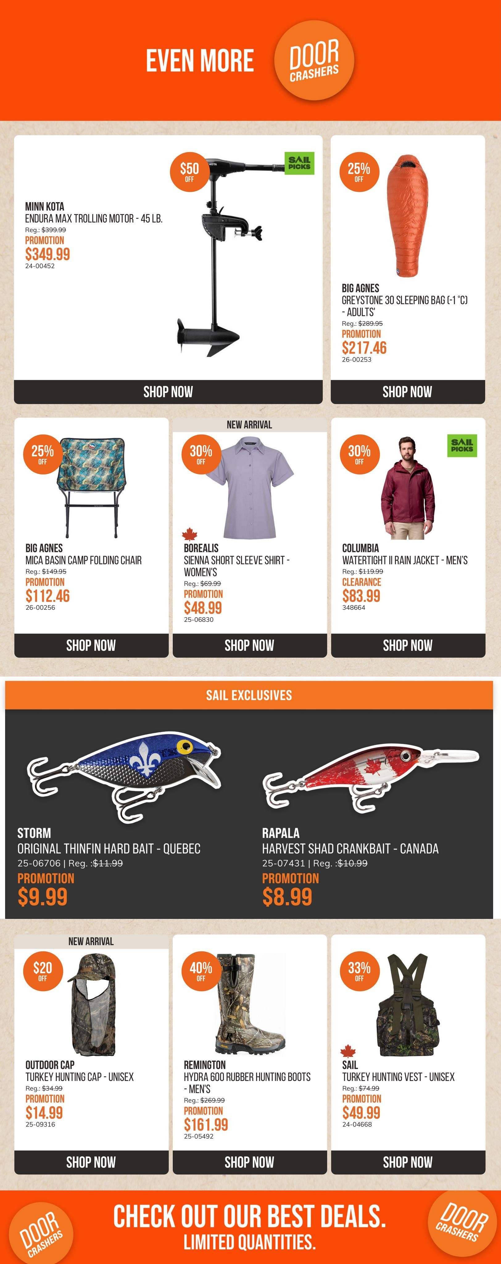 SAIL flyer page 2 features 'Even More Door Crashers' with various outdoor and hunting gear. Highlights include a Minn Kota Endura Max Trolling Motor - 45 lb. for $349.99 (save $50), and a Big Agnes Greystone 30 Sleeping Bag (-1°C) - Adults' for $217.46 (25% off). Also featured is a Big Agnes Mica Basin Camp Folding Chair for $112.46 (25% off), a new arrival Borealis Sienna Short Sleeve Shirt - Women's for $48.99 (30% off), and a Columbia Watertight II Rain Jacket - Men's for $83.99 (clearance, 30% off). SAIL Exclusives include a Storm Original Thinfish Hard Bait - Quebec for $9.99 and a Rapala Harvest Shad Crankbait - Canada for $8.99. New arrivals also include an Outdoor Cap Turkey Hunting Cap - Unisex for $14.99 ($20 off), Remington Hydra 600 Rubber Hunting Boots - Men's for $161.99 (40% off), and a SAIL Turkey Hunting Vest - Unisex for $49.99 (33% off). Check out their best deals with limited quantities.