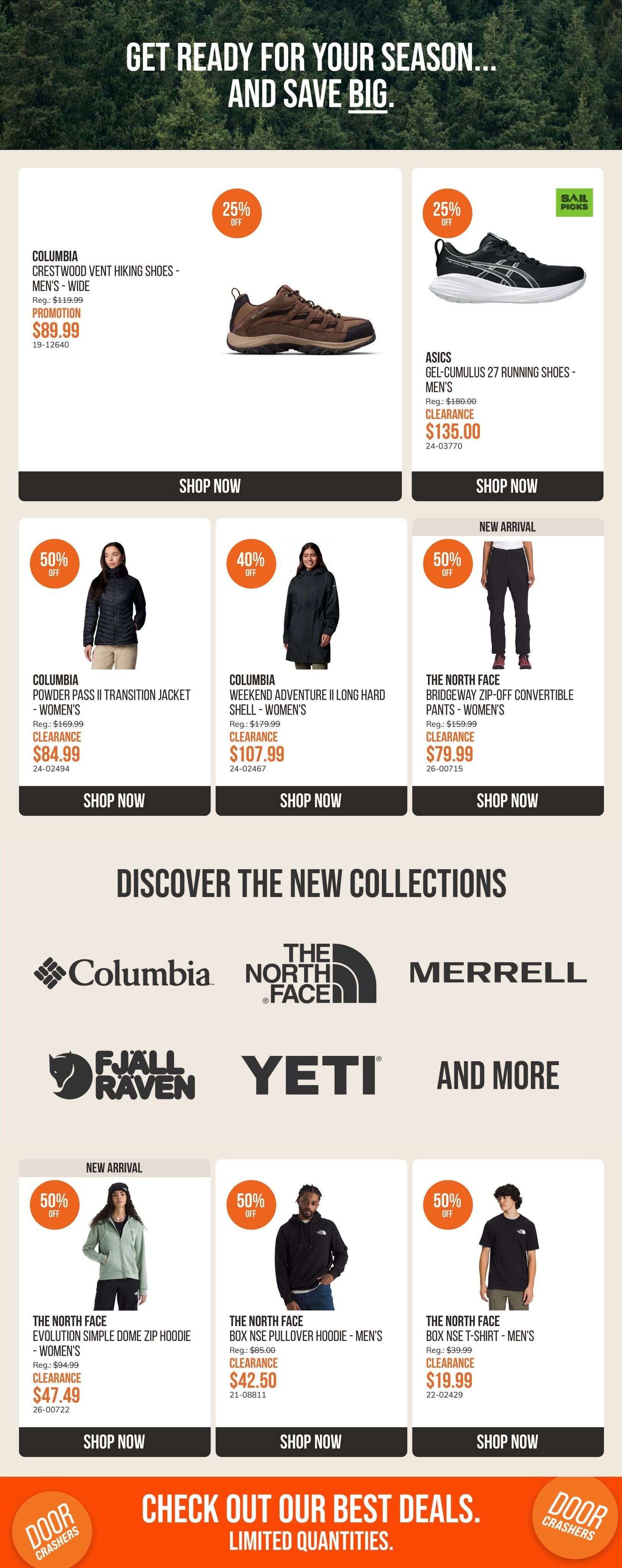 SAIL flyer page 3 features outdoor apparel and footwear. Top row includes Columbia Crestwood Vent Hiking Shoes for men on promotion for $89.99 (25% off) and ASICS Gel-Cumulus 27 Running Shoes for men for $135.00 (25% off). Middle row showcases Columbia Powder Pass II Transition Jacket for women on clearance for $84.99 (50% off), Columbia Weekend Adventure II Long Hard Shell Jacket for women on clearance for $107.99 (40% off), and The North Face Ridgway Zip-Off Convertible Pants for women, a new arrival. Bottom row highlights new arrivals: The North Face Evolution Simple Dome Zip Hoodie for women on clearance for $47.49 (50% off), The North Face Box NSE Pullover Hoodie for men on clearance for $42.50 (50% off), and The North Face Box NSE T-Shirt for men for $19.99 (50% off). The page also features logos of popular brands like Columbia, The North Face, Merrell, Fjallraven, and Yeti, under the heading 'Discover the New Collections'. The bottom of the page urges customers to 'Check Out Our Best Deals. Limited Quantities.'