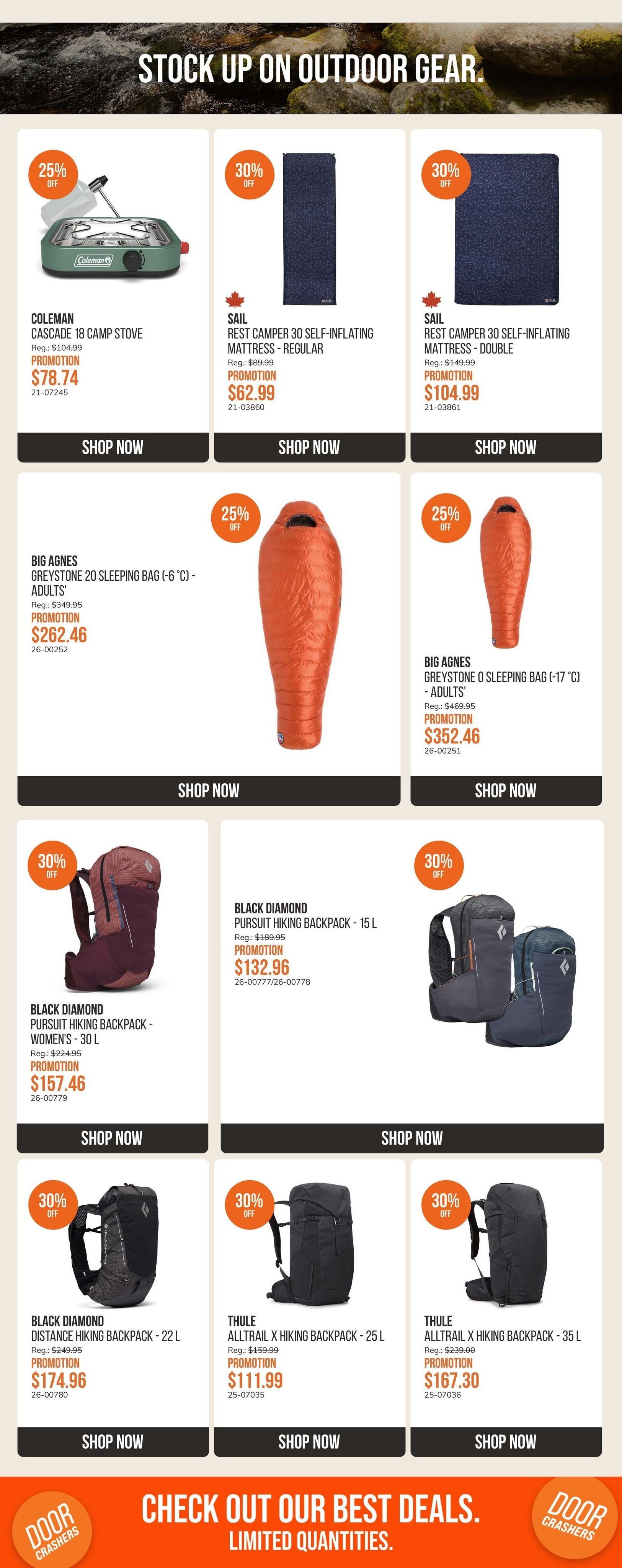 SAIL flyer page 4 features outdoor gear. Deals include the Coleman Cascade 18 Camp Stove for $78.74 (regularly $104.99), SAIL Rest Camper 30 Self-Inflating Mattress - Regular for $62.99 (regularly $89.99), and SAIL Rest Camper 30 Self-Inflating Mattress - Double for $104.99 (regularly $149.99). Also available are Big Agnes Greystone 20 Sleeping Bag (-6°C) - Adults' for $262.46 (regularly $349.95) and Big Agnes Greystone 0 Sleeping Bag (-17°C) - Adults' for $352.46 (regularly $469.95). Backpacks on sale are the Black Diamond Pursuit Hiking Backpack - Women's 30 L for $157.46 (regularly $224.95), Black Diamond Pursuit Hiking Backpack - 15 L for $132.96 (regularly $189.95), Black Diamond Distance Hiking Backpack - 22 L for $174.96 (regularly $249.95), Thule Alltrail X Hiking Backpack - 25 L for $111.99 (regularly $159.99), and Thule Alltrail X Hiking Backpack - 35 L for $167.30 (regularly $239.99). The page also highlights 'Check Out Our Best Deals. Limited Quantities.