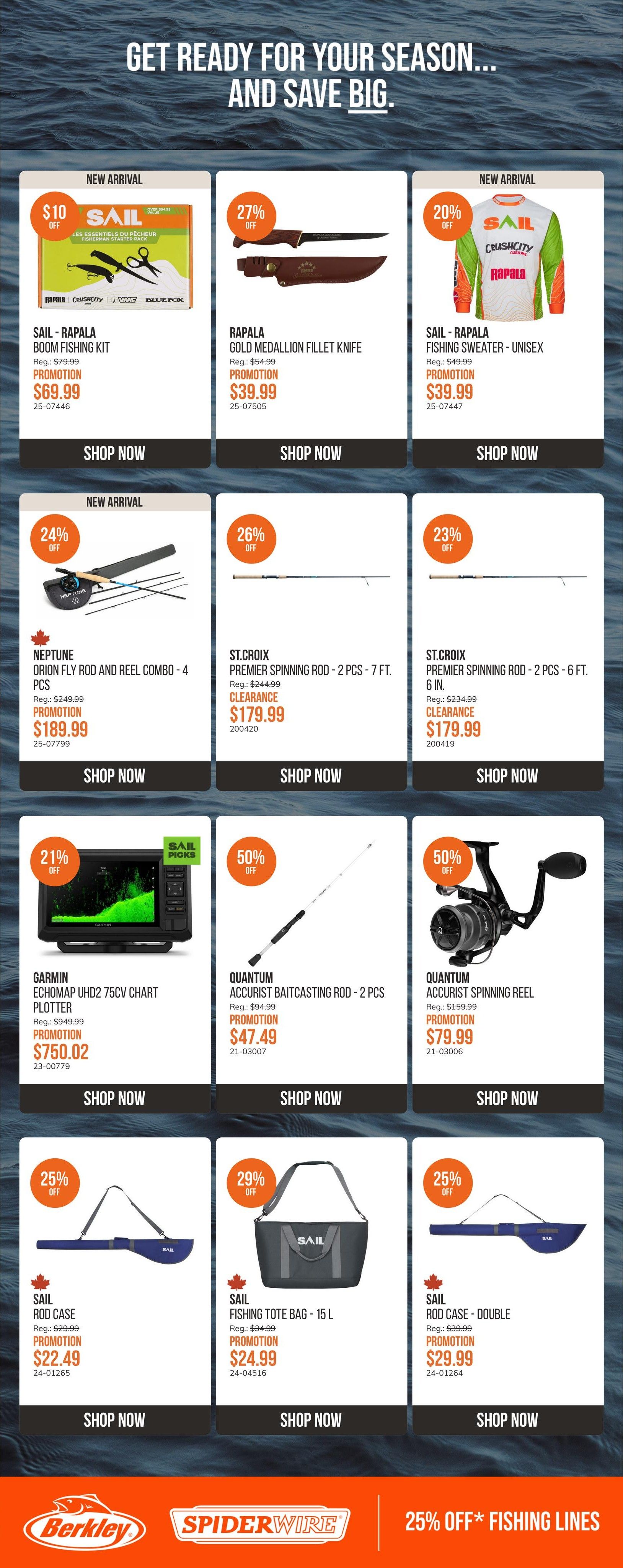 SAIL flyer specials page 6 features fishing gear. New arrivals include the SAIL - Rapala Boom Fishing Kit for $69.99 (originally $79.99) and the SAIL - Rapala Fishing Sweater - Unisex for $39.99. Also on new arrival is the Neptune Orion Fly Rod and Reel Combo - 4 pcs, on promotion for $189.99 (originally $249.99) with 24% off. Other featured products include the Rapala Gold Medallion Fillet Knife for $39.99 (27% off), St. Croix Premier Spinning Rods - 2 pcs - 7 ft. for $179.99 (26% off), and St. Croix Premier Spinning Rod - 2 pcs - 6 ft. 6 in. for $179.99 (23% off). The Garmin Echomap UHD2 75CV Chart Plotter is on sale for $750.02 (21% off). Quantum products include the Accurist Baitcasting Rod - 2 pcs for $47.49 (50% off) and the Accurist Spinning Reel for $79.99 (50% off). SAIL Rod Case is $22.49 (25% off) and SAIL Fishing Tote Bag - 15 L is $24.99 (29% off). SAIL Rod Case - Double is $29.99 (25% off). The bottom banner advertises Berkley, Spiderwire, and 25% off fishing lines.