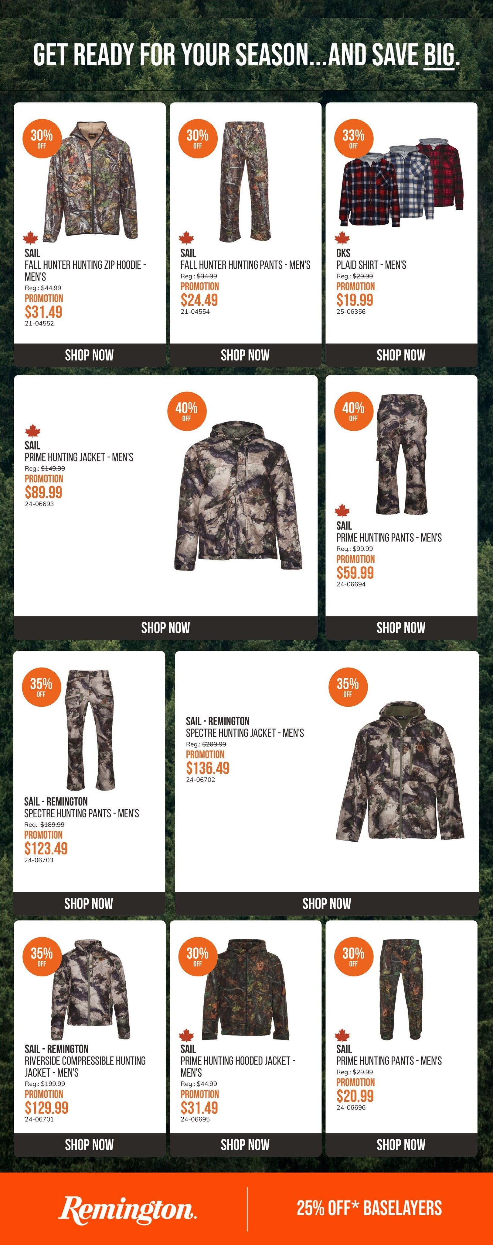 SAIL flyer page 7 featuring hunting apparel. Deals include SAIL Fall Hunter Hunting Zip Hoodie - Men's for $31.49 (30% off), SAIL Fall Hunter Hunting Pants - Men's for $24.49 (30% off), and GKS Plaid Shirt - Men's for $19.99 (33% off). Also available are SAIL Prime Hunting Jacket - Men's for $89.99 (40% off), SAIL Prime Hunting Pants - Men's for $59.99 (40% off), SAIL - Remington Spectre Hunting Pants - Men's for $123.49 (35% off), SAIL - Remington Spectre Hunting Jacket - Men's for $136.49 (35% off), SAIL - Remington Riverside Compressible Hunting Jacket - Men's for $129.99 (35% off), SAIL Prime Hunting Hooded Jacket - Men's for $31.49 (30% off), and SAIL Prime Hunting Pants - Men's for $20.99 (30% off). The page also advertises 25% off baselayers from Remington.