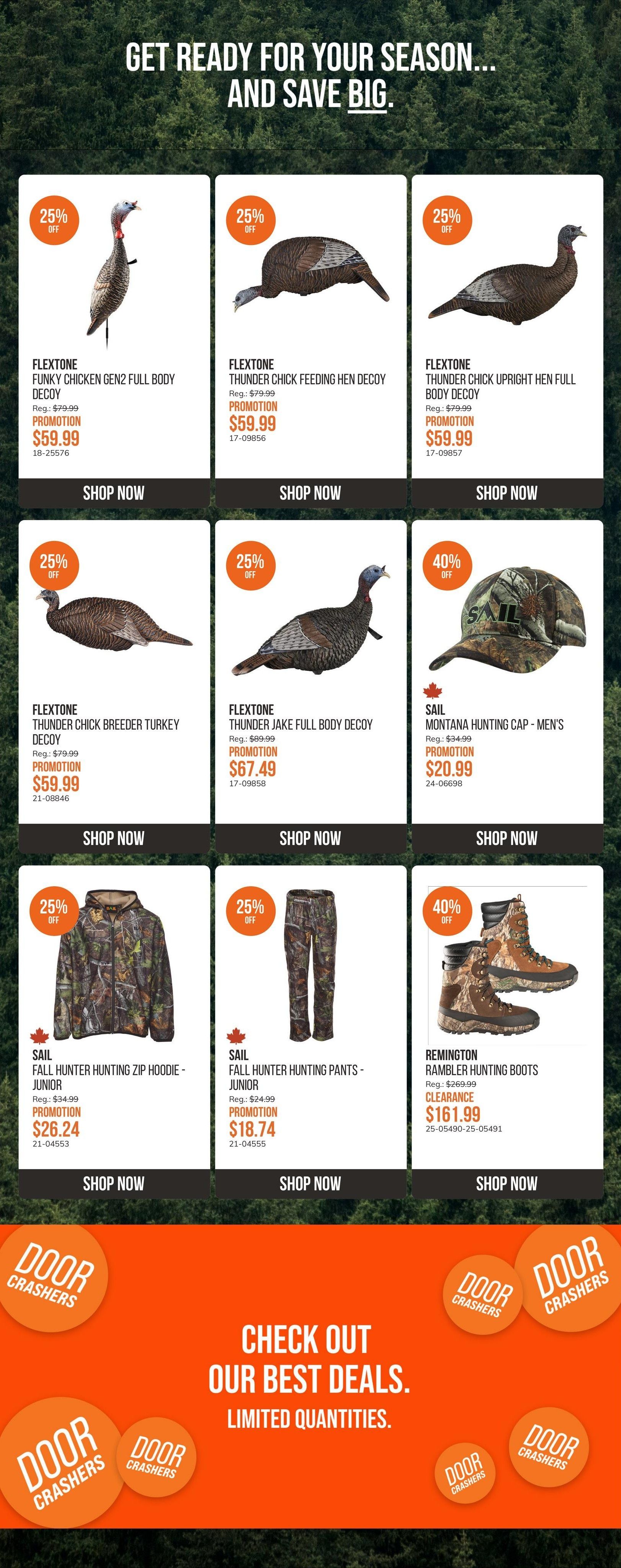 SAIL flyer page 9 features hunting gear. Get ready for your season and save big with deals on Flextone decoys including the Funky Chicken Gen2 Full Body Decoy for $59.99 (25% off), Thunder Chick Feeding Hen Decoy for $59.99 (25% off), Thunder Chick Upright Hen Full Body Decoy for $59.99 (25% off), Thunder Chick Breeder Turkey Decoy for $59.99 (25% off), and Thunder Jake Full Body Decoy for $67.49 (25% off). Also available is the SAIL Montana Hunting Cap - Men's for $20.99 (40% off). Apparel includes the SAIL Fall Hunter Hunting Zip Hoodie - Junior for $26.24 (25% off) and SAIL Fall Hunter Hunting Pants - Junior for $18.74 (25% off). Footwear features Remington Rambler Hunting Boots on clearance for $161.99. The page also highlights 'Door Crashers' deals with limited quantities.