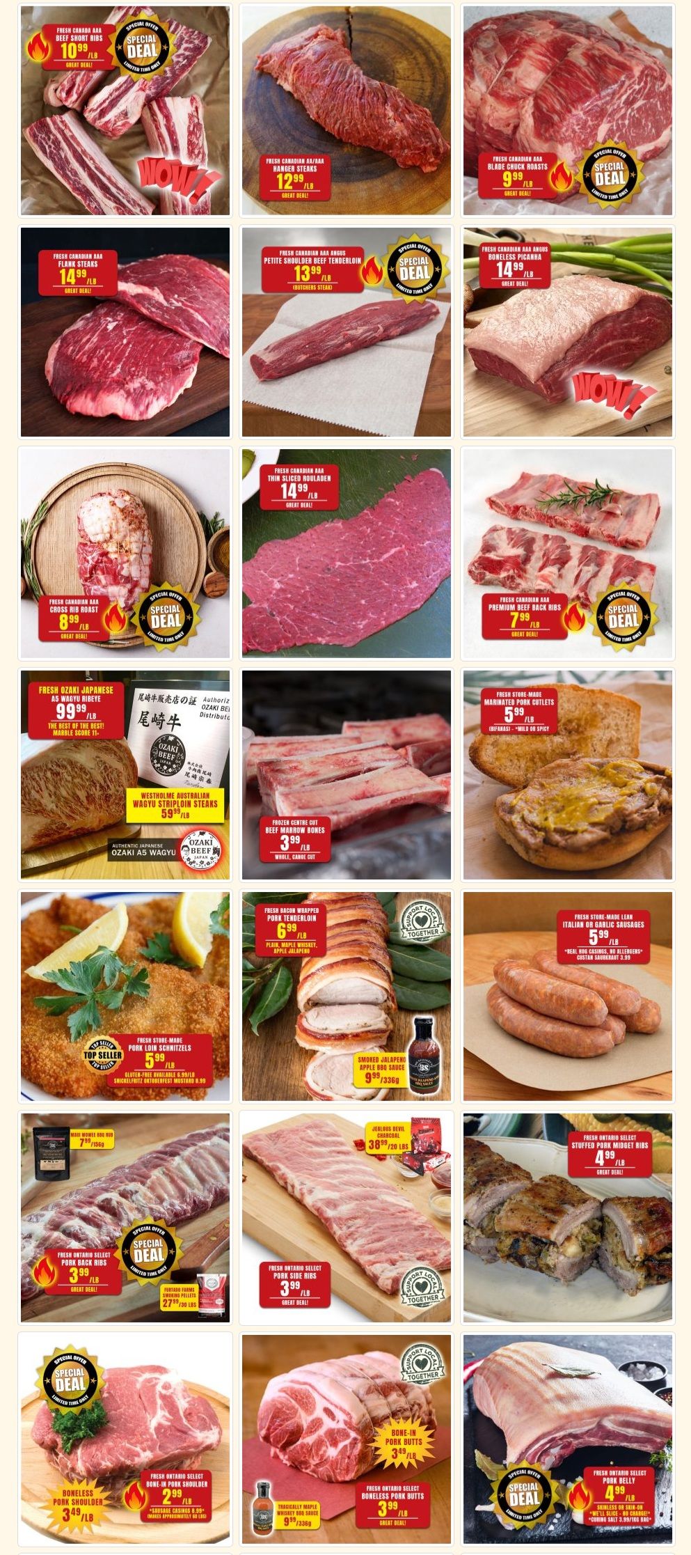 Robert's Quality Fresh Meats weekly flyer specials page 2 features a variety of meat products. Highlights include Fresh Canadian AAA Beef Short Ribs for $10.99/lb, Fresh Canadian AAA Hanger Steaks for $12.99/lb, and Fresh Canadian AAA Blade Chuck Roasts for $9.99/lb. Also featured are Fresh Canadian AAA Flank Steaks for $14.99/lb, Fresh Canadian AAA Angus Petite Shoulder Beef Tenderloin for $13.99/lb, and Fresh Canadian AAA Boneless Picana for $14.99/lb. Other deals include Fresh Canadian AAA Cross Rib Roast for $8.99/lb, Fresh Canadian AAA Thin Sliced Rouladen for $14.99/lb, and Fresh Canadian AAA Premium Beef Back Ribs for $7.99/lb. For Japanese Wagyu enthusiasts, Fresh Ozaki Japanese A5 Wagyu Ribeye is available, with Westholme Australian Wagyu Striploin Steaks priced at $59.99/lb. Frozen Centre Cut Beef Marrow Bones are $3.99/lb. Fresh Store-Made Pork Loin Schnitzels are a top seller at $5.99/lb. Fresh Bacon Wrapped Pork Tenderloin is $6.99/lb with flavour options like Plain, Maple Whiskey, and Apple Jalapeno. Smoked Jalapeno Apple Habanero Sauce is $9.99/330g. Fresh Store-Made Lean Italian or Garlic Sausages are $5.99/lb. Fresh Ontario Select Pork Back Ribs are $3.99/lb, and Fresh Ontario Select Pork Side Ribs are $3.99/lb. Fresh Ontario Select Stuffed Pork Midget Ribs are $4.99/lb. Bone-in Pork Butts are $3.49/lb, and Fresh Ontario Select Boneless Pork Butts are $3.99/lb. Tradiotionally Maple Whiskey BBQ Sauce is $9.99/330g. Finally, Fresh Ontario Select Pork Belly is on special offer for $4.99/lb.