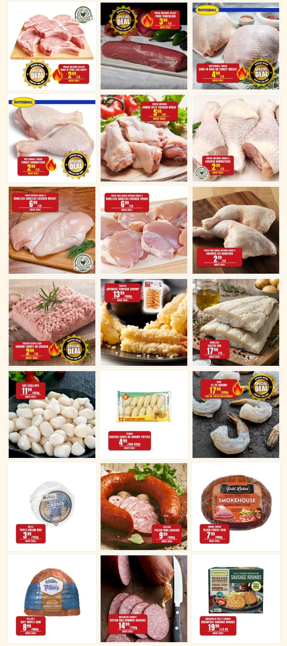 Robert's Quality Fresh Meats weekly flyer specials, page 3. Featured items include: Fresh Ontario Select Pork Tenderloin for $3.99/lb, Butterball Fresh Bone-In Turkey Breast for $4.99/lb, Fresh Ontario Jumbo Split Chicken Wings for $5.99/lb, Fresh Ontario Grade A Chicken Drumsticks for $2.49/lb, Fresh Ontario Grade A Boneless Skinless Chicken Breast for $6.99/lb, Fresh Free-Range Ontario Grade A Boneless Skinless Chicken Thighs for $6.99/lb, Fresh Free-Range Ontario Grade A Chicken Leg Quarters for $2.49/lb, Frozen Extra Lean Ground Turkey or Chicken for $2.99/lb, Toppits Japanese Tempura Shrimp for $13.99/500g, Boneless Salted Cod for $17.99/lb, Bay Scallops for $11.99/454g, Perma Codfish Cakes or Shrimp Patties for $4.99/360-420g, Raw 21-25 Shrimp for $17.99/908g, Rielle Triple Cream Brie for $3.99/125g, Pillers Polish Kielbasa Sausage for $9.99/900g, Gold Label Smokehouse Black Forest Ham for $7.99/800g, Pillers Half Maple Ham for $8.99/800g, Waterloo County Cotton Bag Summer Sausage for $14.99/750g, and Greenfield Fully Cooked Breakfast Sausage Rounds for $19.99/1.5 kg with a 25% more offer.
