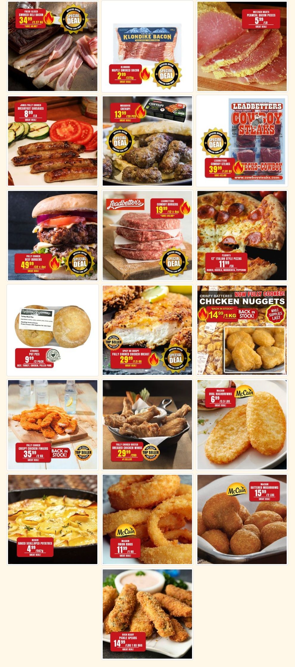 Robert's Quality Fresh Meats weekly flyer specials page 4. Featured items include fresh sliced smoked deli bacon for $34.99/lb, Klondike Maple Smoked Bacon for $2.99/375g, and Metzger Meats Peameal Bacon Pieces for $5.99/lb. Also available are Jones Fully Cooked Breakfast Sausages for $8.99/lb, Mrakovic Chevapi for $13.99/20 pcs, and Leadbetter's Cowboy Steaks for $39.99/1.81 kg. For burgers, find Fully Cooked Beef Burgers for $49.99/32 oz and Leadbetter's Cowboy Burgers for $19.99/12 x 4 oz. Enjoy 12' Italian Style Pizzas from Il Forno for $11.99 each, with choices of Bianca,rugula, Margherita, and Pepperoni. Other deals include Stroh's Pot Pies (Beef, Turkey, Chicken, Pulled Pork) for $9.99/2 pack, Spicy or Crispy Fully Cooked Chicken Breast for $29.99/1.5 kg, and Crispy Battered Chicken Nuggets (Now Fully Cooked) for $14.99/1kg. Side options include McCain Oval Hashbrowns for $6.99/3.5 lbs, McCain Onion Rings for $11.99/1 kg, McCain Battered Mushrooms for $15.99/2 lbs, and McCain Oven Ready Pickle Spears for $14.99/1 kg. Additionally, there are Heiser Baked Scalloped Potatoes for $4.99/567g. Many items are marked as 'Special Deal' or 'Top Seller' with 'Great Deal!' pricing.