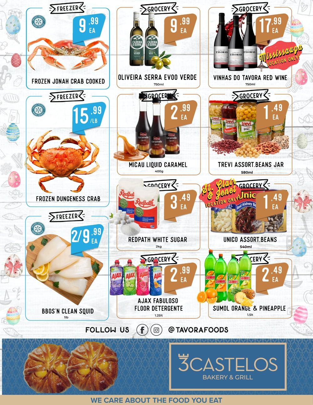 Tavora Foods weekly flyer specials page 2 features frozen Jonah crab cooked for $9.99 each, frozen Dungeness crab for $15.99 per pound, and BBQs 'n clean squid for $2.99 each. Grocery items include Oliveira Serra EVOO Verde olive oil for $9.99 each, Vinhas do Tavora Red Wine for $17.99 each (Mississauga location only), Micau Liquid Caramel for $2.99 each, Trevi Assort.Beans Jar for $1.49 each, Redpath White Sugar for $3.49 each, Unico Assort.Beans for $1.49 each, Ajax Fabuloso Floor Detergente for $2.99 each, and Sumol Orange & Pineapple juice for $2.49 each. The flyer also includes a section for Castelos Bakery & Grill.