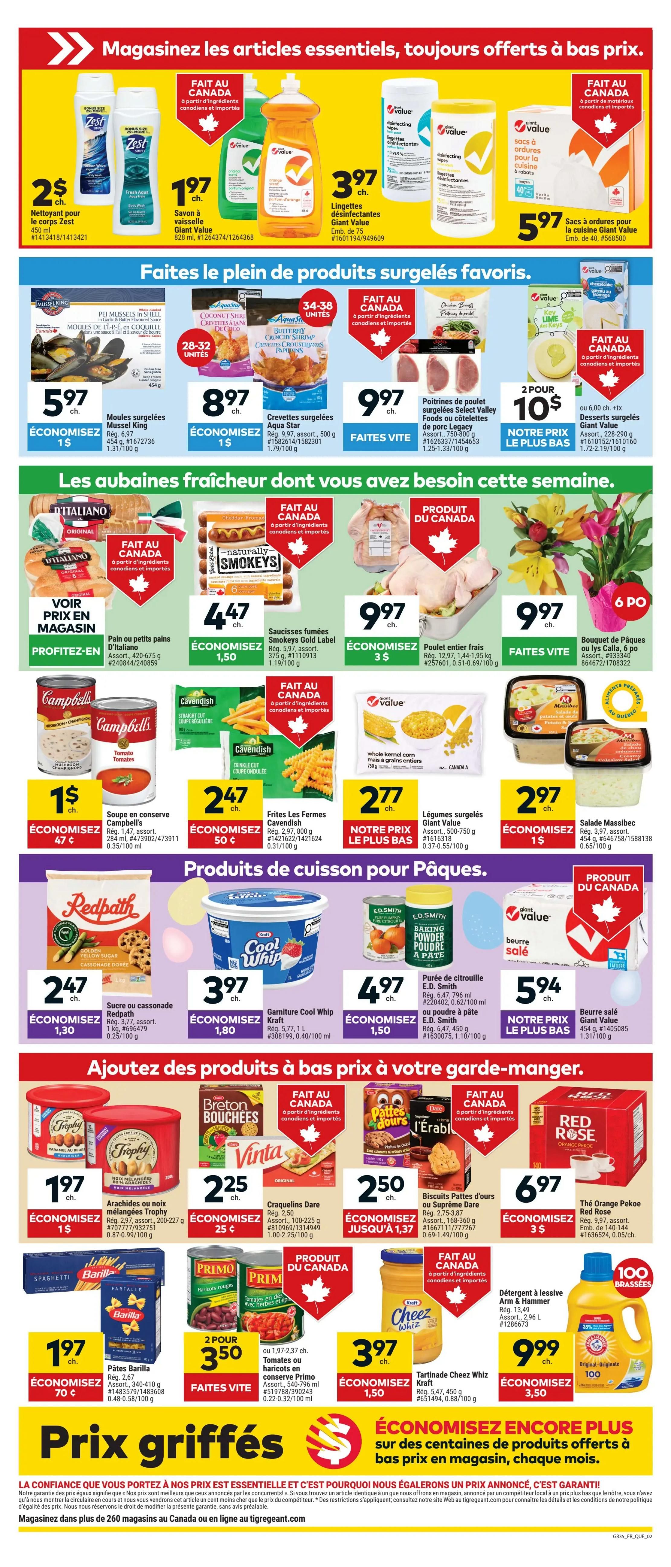 Giant Tiger weekly flyer specials for Quebec, page 2. Featured items include Zest body wash for $2, Value dish soap for $1.97, and Value disinfecting wipes for $3.97. Also available are Value garbage bags for $5.97. Fresh and frozen favourites include Mussel King frozen mussels for $5.97, Aqua Star frozen shrimp for $8.97, and Select Valley chicken portions for $9.97. D'Italiano small loaves are on sale for $4.47, and Smokey's Gold Label smoked sausages are $4.47. A whole chicken is $9.97, and a bouquet of Callas lilies is $9.97. Campbell's soup is $1, Cavendish fries are $2.47, and Giant Value frozen corn is $2.77. Redpath sugar is $2.47, Kraft Cool Whip is $3.97, and E.D. Smith pureed fruit or baking powder is $4.97. Giant Value salted butter is $5.94. Snacks include Trophy mixed nuts for $1.97, Dare crackers for $2.25, and Supreme brand cookies for $2.50. Primo canned tomatoes are 2 for $3.50, Barilla spaghetti is $1.97, and Kraft Cheez Whiz is $3.97. Arm & Hammer laundry detergent is $9.99 with 100 loads. Save on hundreds of essential products every month.