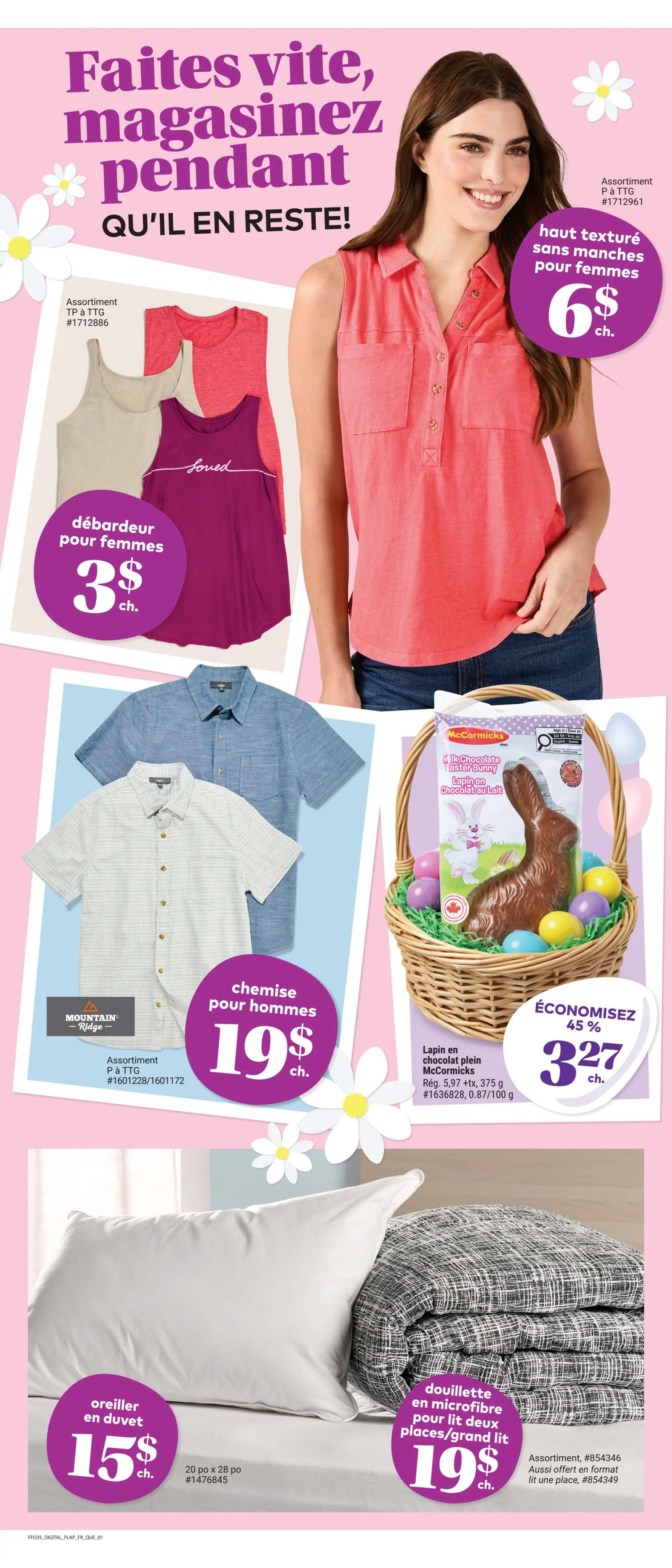 Giant Tiger weekly flyer specials page 3 features a woman wearing a coral sleeveless textured top priced at $6 each. Also available are women's tank tops in assorted colours for $3 each. For men, there are Mountain Ridge button-up shirts for $19 each. A McCormick's milk chocolate Easter bunny is on sale for $3.27, a 45% saving. Additionally, a duvet pillow is available for $15 each, and a double/queen microfiber duvet is priced at $19 each.