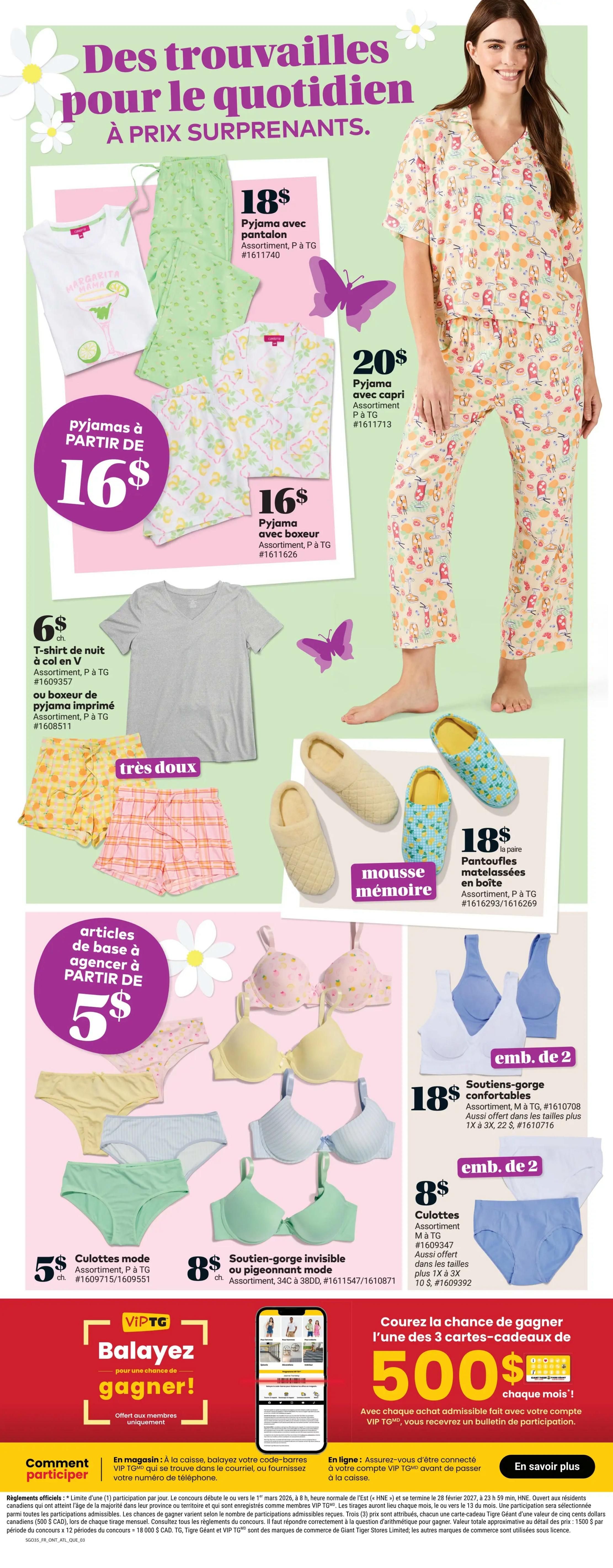 Giant Tiger Quebec weekly flyer specials, page 4. Features a variety of sleepwear and undergarments. Offers include pyjamas with pants for $18, pyjamas with capri pants for $20, and pyjamas with shorts starting at $16. Also available are V-neck t-shirts or printed pyjama shorts for $6, and memory foam slippers for $18 per pair. Undergarments include fashion briefs for $5 each, invisible or pigeon-style bras for $8 each, and comfortable bra-tanks in packs of 2 for $18. A VIP TG contest offers a chance to win one of three $500 gift cards each month. The flyer is valid from April 1 to April 7, 2026.