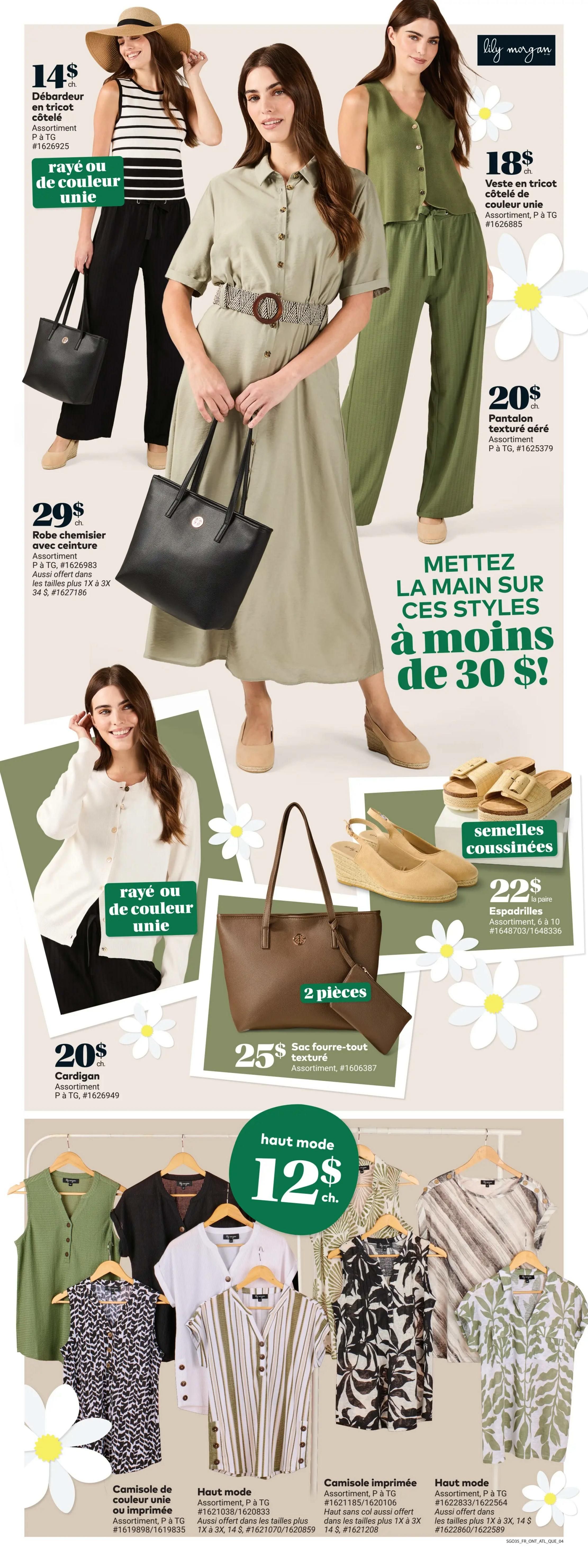 Giant Tiger weekly flyer specials page 5 features women's fashion. A striped knit tank top is $14. A solid colour knit vest is $18. A belted shirt dress is $29, available in assorted colours and sizes 1X to 3X. Textured wide-leg pants are $20. A 2-piece textured tote bag set is $25. Espadrille wedge sandals are $22 per pair, available in sizes 6 to 10. A white cardigan is $20. Several 'haut mode' tops are featured at $12 each, including sleeveless printed tops, striped tops, and short-sleeved tops with leaf prints, available in assorted colours and sizes 1X to 3X.