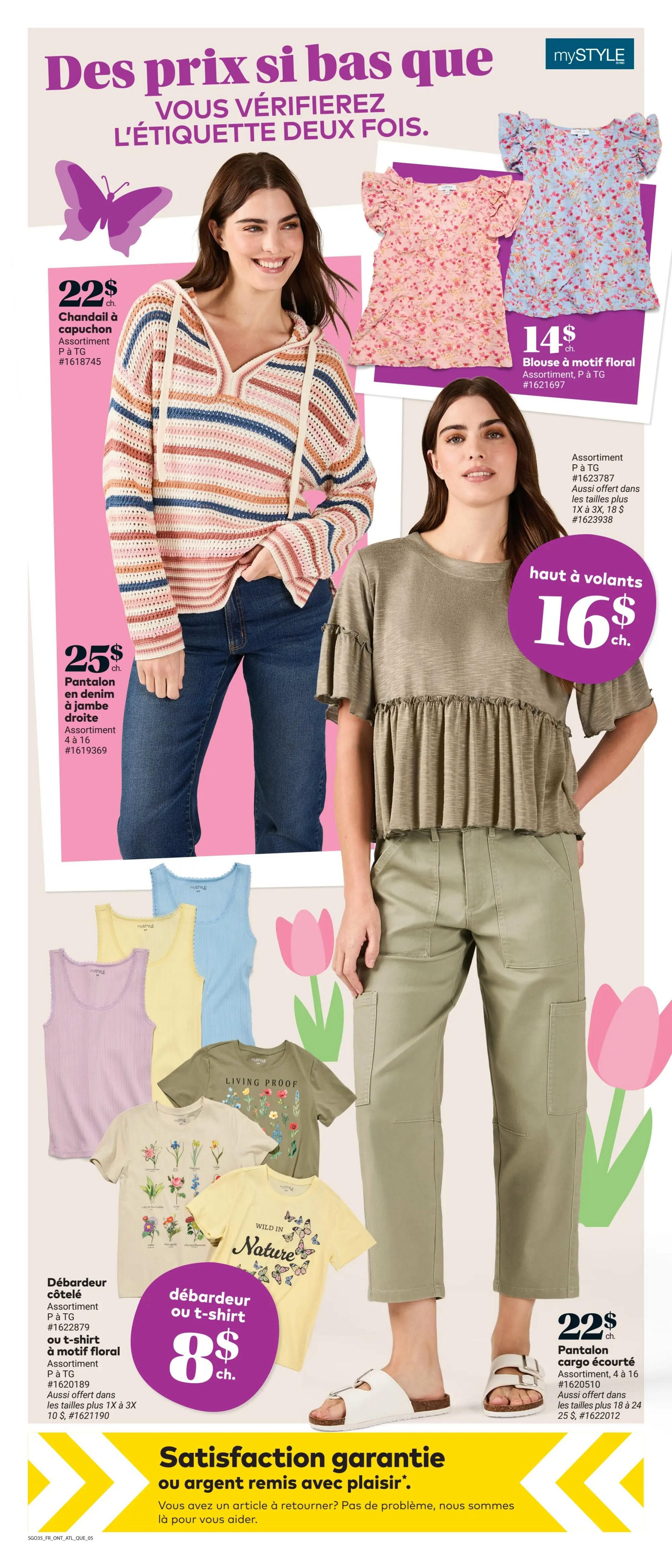 Giant Tiger weekly flyer specials page 6 features women's apparel. A model showcases a striped hooded sweater for $22 and denim jeans for $25. Another model wears a ruffled-sleeve top for $16. Also available are floral print blouses for $14, assorted tank tops and graphic t-shirts for $8 each, and cropped cargo pants for $22. The page highlights 'Satisfaction guaranteed or your money back.