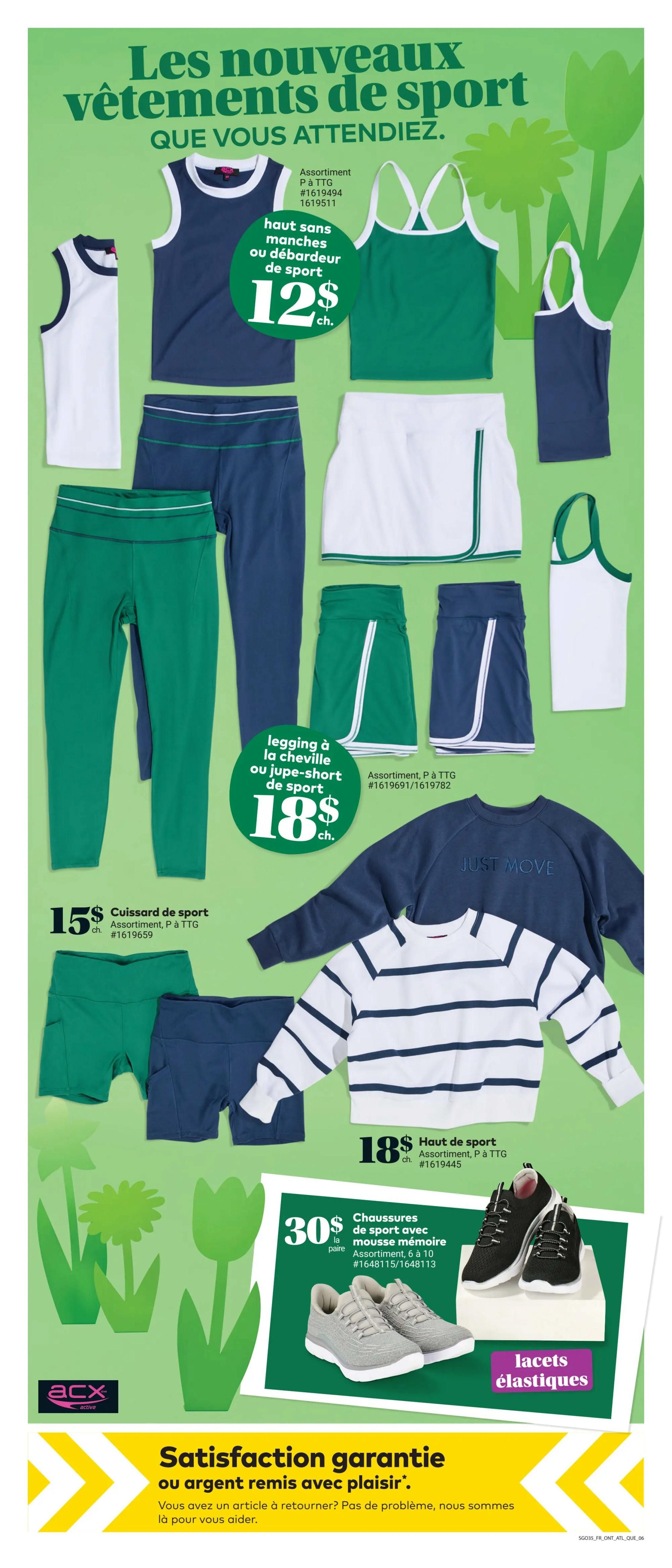 Giant Tiger Quebec weekly flyer specials, page 7. Featuring new athletic wear. Sleeveless tops or sport tank tops are $12 each. Ankle leggings or sport skorts are $18 each. Sport shorts are $15 each. A 'Just Move' crewneck sweatshirt and a striped long-sleeve top are both $18 each. Sport shoes with memory foam are $30 per pair, available in sizes 6 to 10. Also features 'ACX Active' branding and a satisfaction guarantee or your money back.