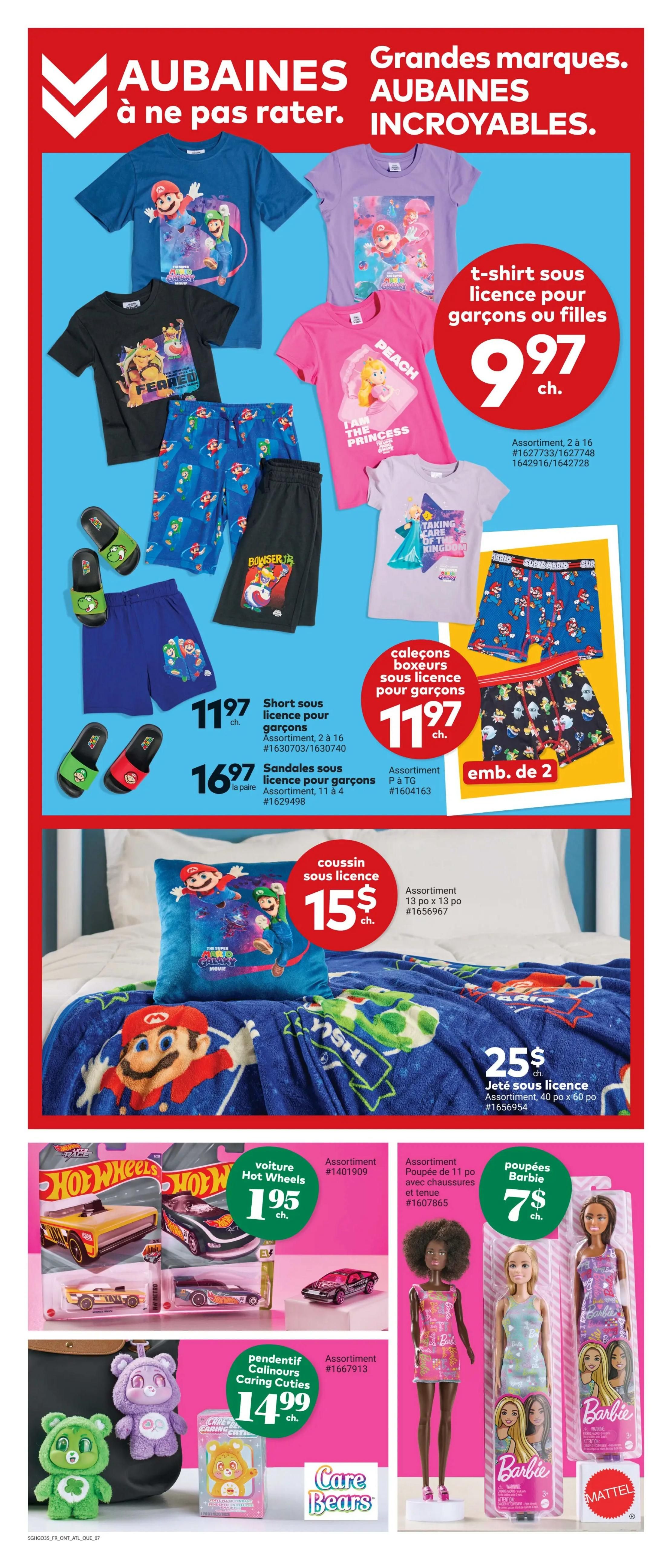 Giant Tiger weekly flyer specials page 8 features incredible deals on licensed merchandise. Get t-shirts for boys or girls featuring Mario and Princess Peach for $9.97 each. Boys' boxer shorts are available for $11.97 for a 2-pack. Short pyjamas for boys are $11.97, and sandals for boys are $16.97 per pair. A Super Mario themed cushion is $15, and a Super Mario themed throw blanket is $25. Hot Wheels cars are $1.95 each. Barbie dolls are $7 each. Caring Cuties plush toys are $14.99. This page showcases a variety of popular character-themed items for children.