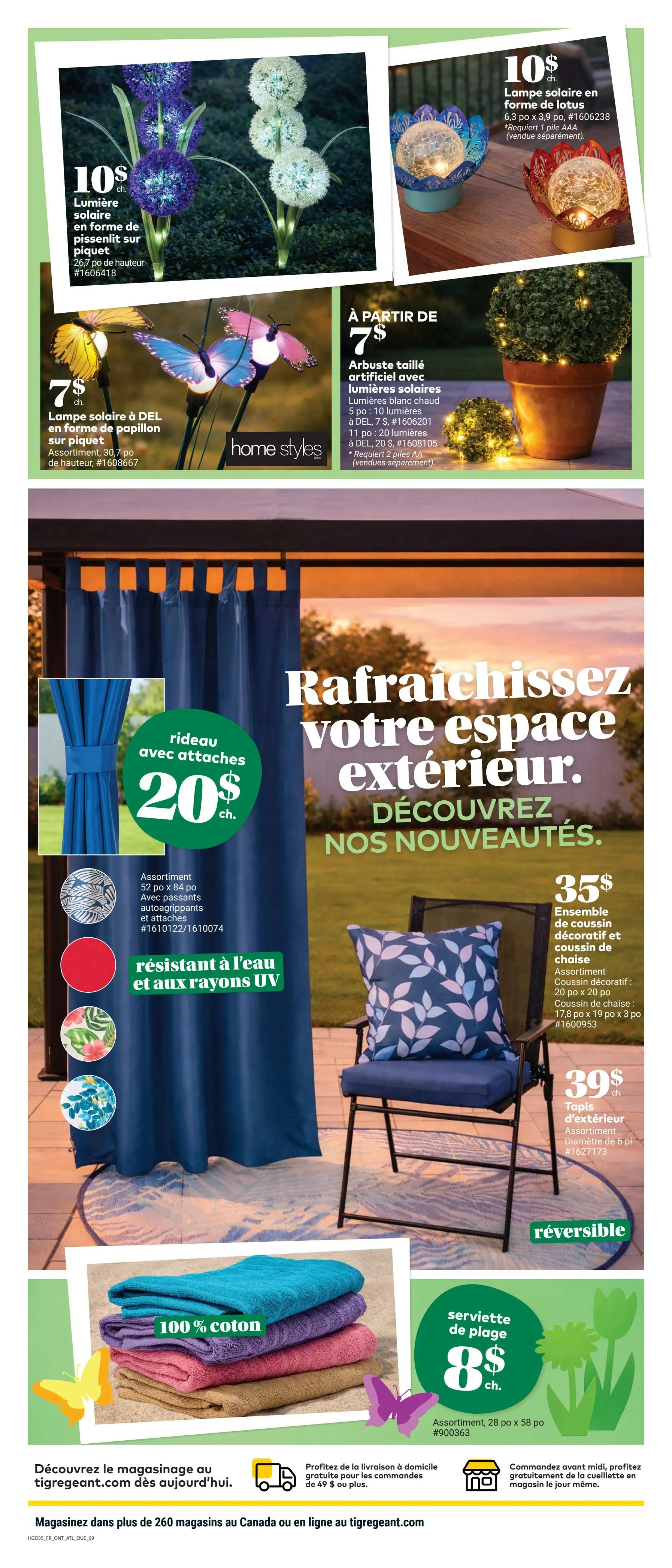 Giant Tiger weekly flyer specials page 10 features outdoor and home decor. Top section showcases solar lights including a 10$ lotus-shaped solar lantern, 7$ dandelion-shaped solar stake lights, and 7$ butterfly-shaped solar stake lights. Also featured is an artificial shrub with solar lights for 7$ and 11$ options. The main section highlights outdoor living with a 20$ outdoor curtain with ties, available in assorted patterns and water & UV resistant. Below is a 35$ decorative cushion and chair cushion set, and a 39$ reversible outdoor mat with a 6 ft diameter. The bottom section displays a stack of 100% cotton bath towels and 8$ beach towels, 28' x 58' assortment. The flyer also promotes shopping at tigeregeant.com with free delivery on orders over 49$ and same-day in-store pickup for orders placed before noon.