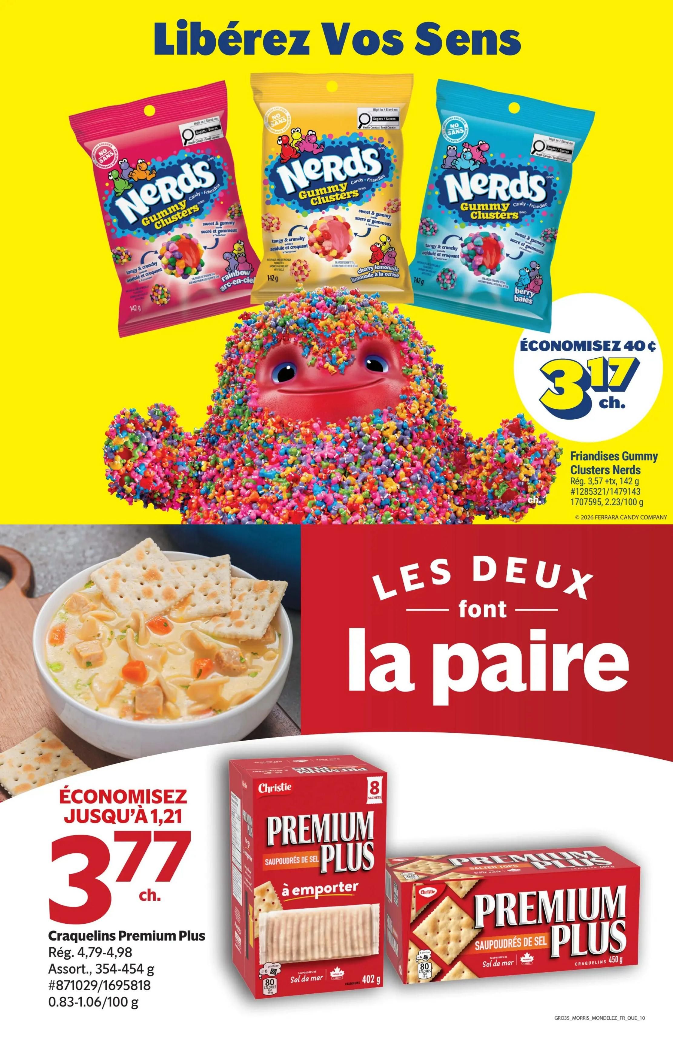 Giant Tiger weekly flyer specials page 11 features Nerds Gummy Clusters candy in various flavours for $3.17, saving 40 cents. Also on sale are Christie Premium Plus crackers, available in assorted sizes from 354-454g, for $3.77, saving up to $1.21. The page highlights a 'two of a kind' theme with the crackers.