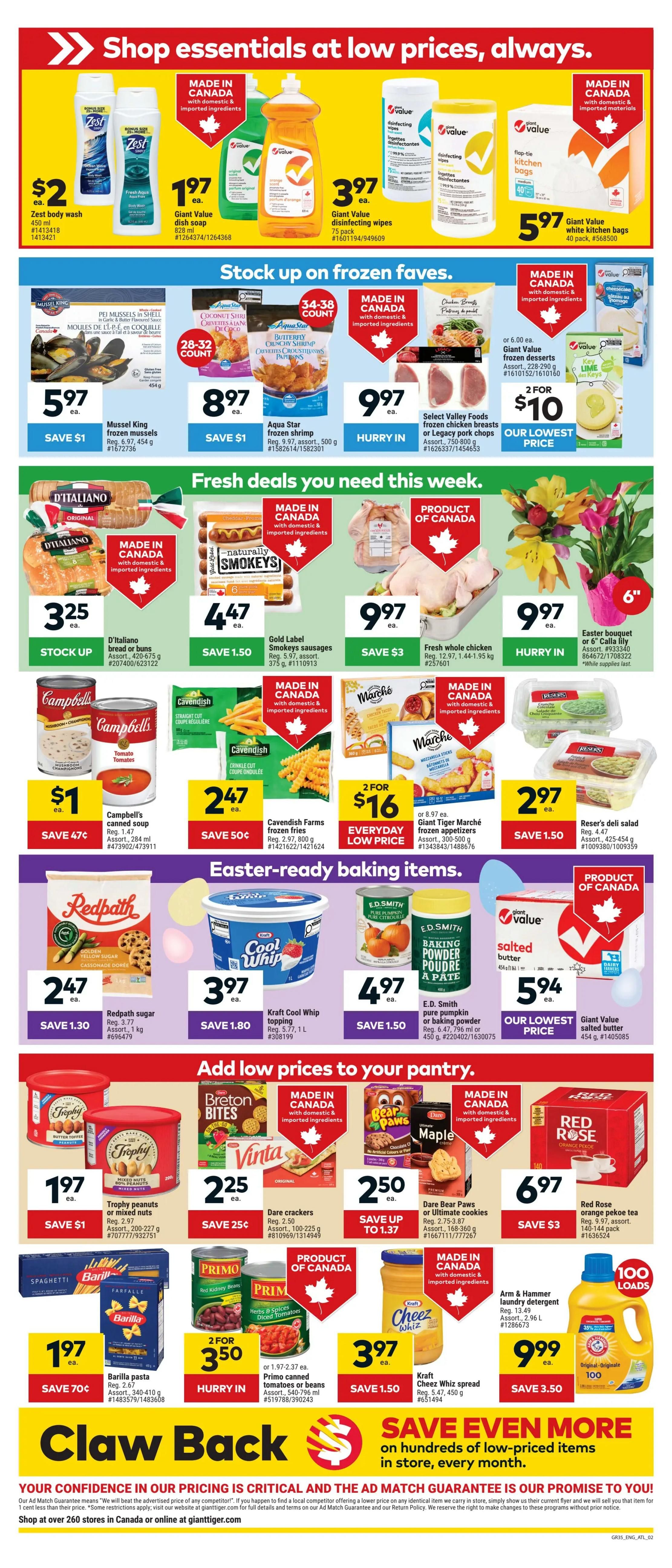 Giant Tiger Atlantic Canada flyer page 2 features a wide selection of groceries and household essentials. Top deals include Zest body wash for $2, Giant Value dish soap for $1.97, and Giant Value disinfecting wipes for $3.97. Stock up on frozen favourites like Mussel King frozen mussels for $5.97, Aqua Star frozen shrimp for $8.97, and Select Valley Foods frozen chicken breasts or Legacy Pork chops for $9.97. Fresh deals include D'Italiano bread or buns for $3.25, Gold Label smokies for $4.47, and fresh whole chicken for $9.97. Easter baking items feature Redpath sugar for $2.47, Kraft Cool Whip topping for $3.97, E.D. Smith pure pumpkin or baking powder for $4.97, and Giant Value salted butter for $5.94. Add low prices to your pantry with Trophy peanuts or mixed nuts for $1.97, Vinta crackers for $2.25, Dare Bear Paws or Ultimate cookies for $2.50, and Red Rose orange pekoe tea for $6.97. Also featured are Barilla pasta for $1.97, Primo canned tomatoes or beans for 2 for $3.50, Kraft Cheez Whiz spread for $3.97, and Arm & Hammer laundry detergent for $9.99. The flyer also highlights savings on hundreds of low-priced items in store every month.