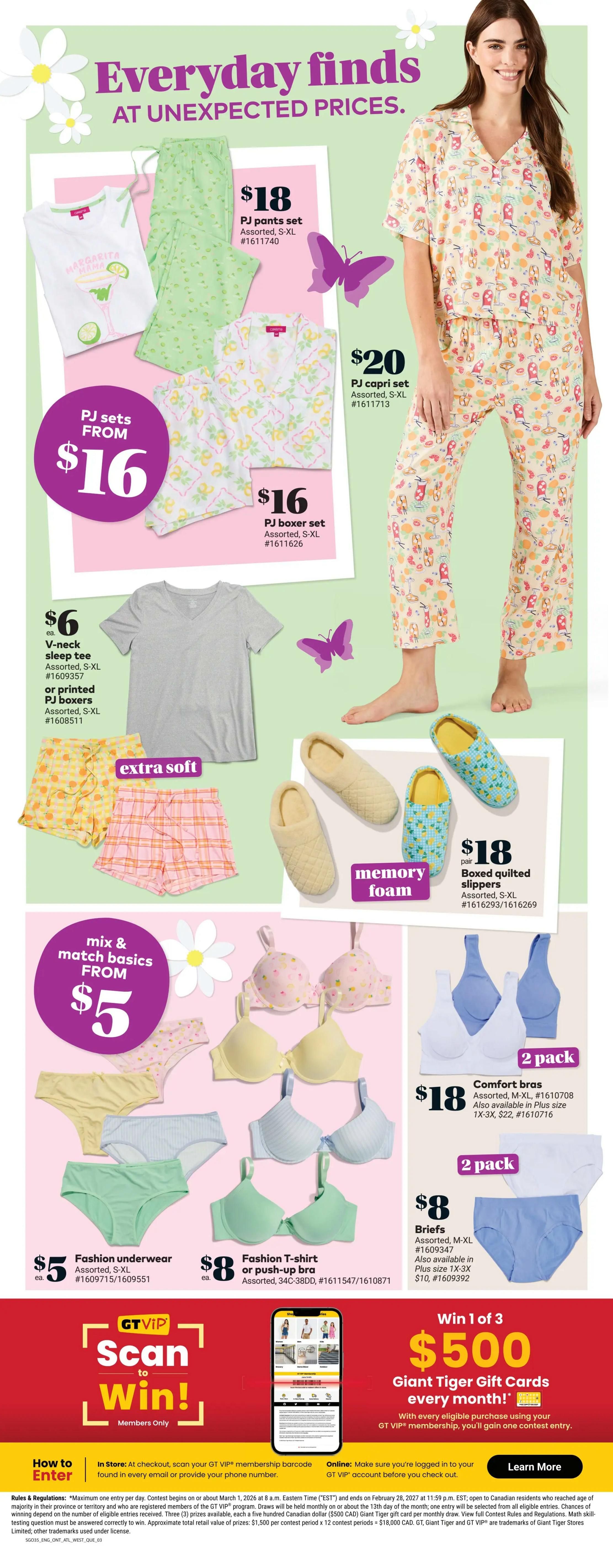Giant Tiger Atlantic Canada flyer page 5 features 'Everyday finds at unexpected prices.' Offers include PJ pants sets for $18, PJ capri sets for $20, and PJ boxer sets for $16. Also available are V-neck sleep tees or printed PJ boxers for $6, and mix & match basics like fashion underwear starting from $5. Comfort bras are $18 for a 2-pack, and fashion t-shirts or push-up bras are $8. Briefs are $8 for a 2-pack. Memory foam slippers are $18 per pair. The page also promotes the 'GT VIP Scan to Win!' contest with a chance to win one of three $500 Giant Tiger gift cards every month.
