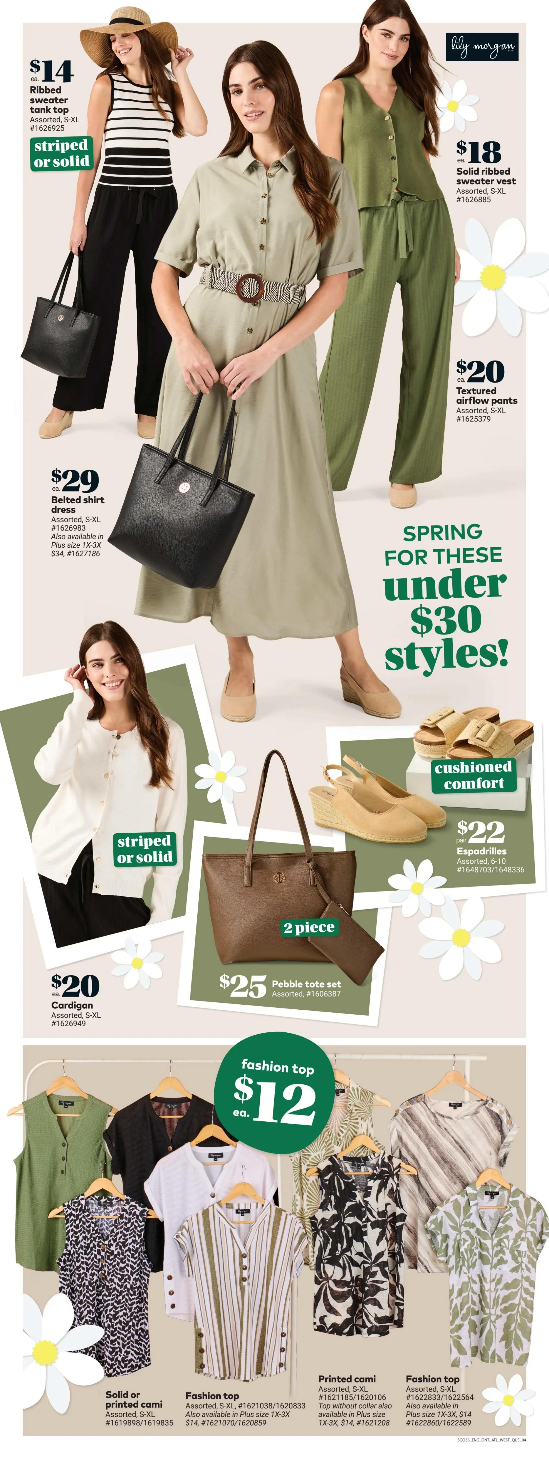 Giant Tiger Atlantic Canada flyer page 6 features spring styles under $30. Featured items include a $14 ribbed sweater tank top, available in striped or solid patterns, sizes S-XL. A $18 solid ribbed sweater vest, sizes S-XL, is also shown. A $29 belted shirt dress, sizes S-XL, is available in assorted colours and also in Plus sizes 1X-3X for $34. Textured airflow pants are $20, sizes S-XL. A $20 cardigan is available in assorted S-XL sizes, in striped or solid. A 2-piece pebble tote set is $25, assorted. Espadrilles with cushioned comfort are $22 per pair, sizes 6-10. At the bottom, fashion tops are featured at $12 each. Options include solid or printed camis, fashion tops, and printed camis, available in assorted S-XL sizes. Some styles are also available in Plus sizes 1X-3X for $14.