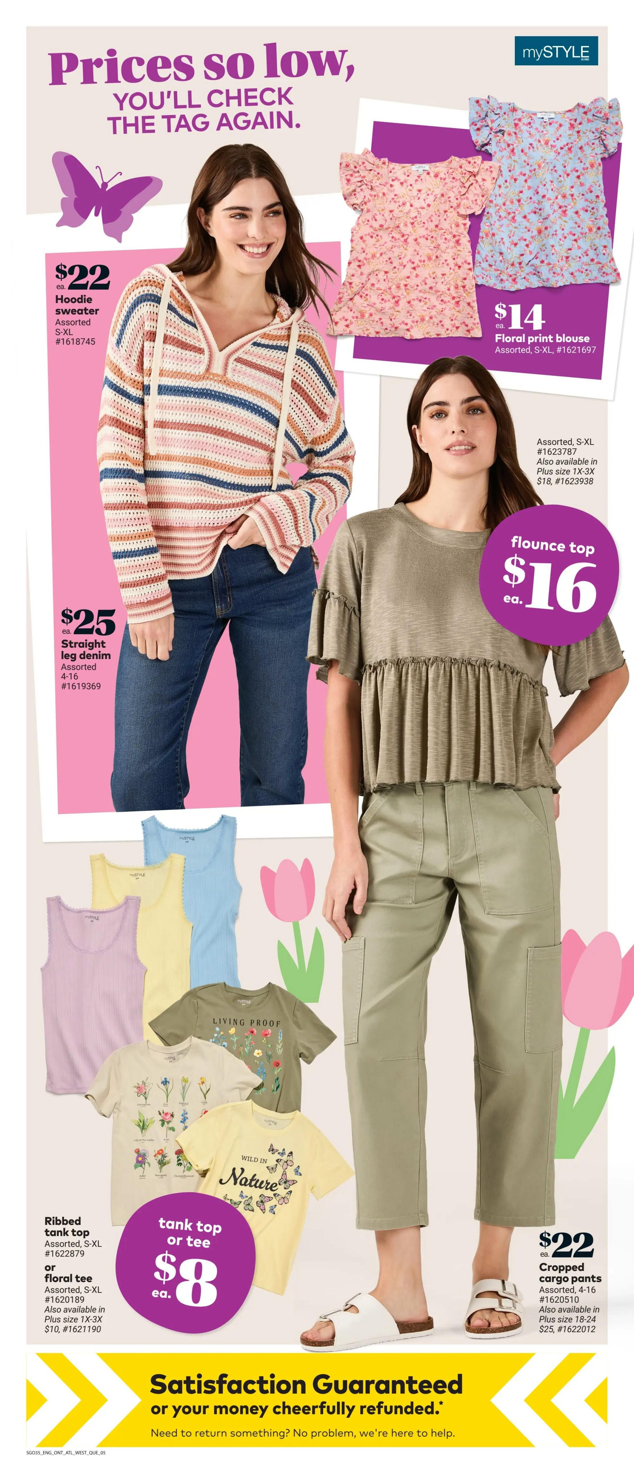 Giant Tiger Atlantic Canada weekly flyer specials page 7 features clothing deals. A model showcases a striped hoodie sweater for $22 and straight leg denim jeans for $25. Another model wears a flounce top for $16 and cropped cargo pants for $22. Also available are floral print blouses for $14, assorted ribbed tank tops and floral tees for $8, with plus size options available for some items.