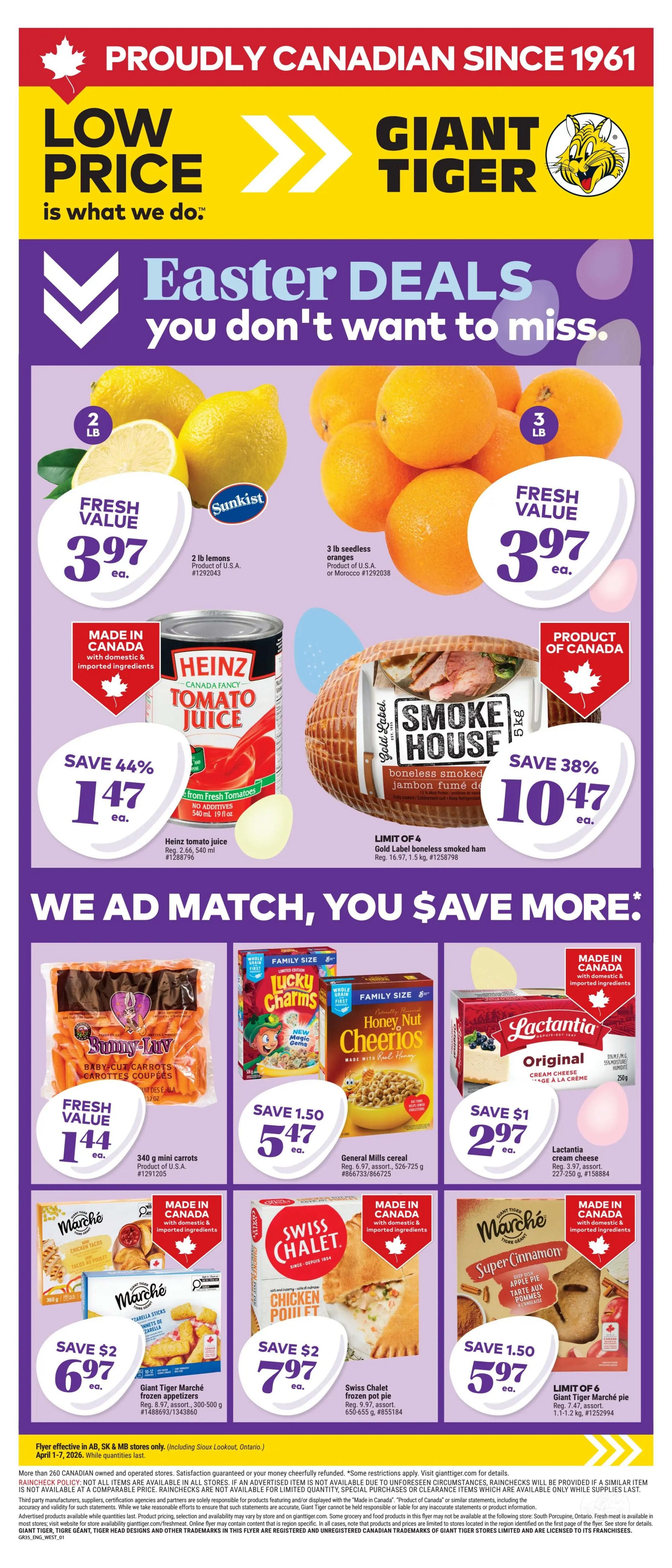 Giant Tiger weekly flyer specials for Western Canada. This page features Easter deals including Sunkist 2 lb lemons for $3.97 each, 3 lb seedless oranges for $3.97 each, and Heinz tomato juice for $1.47 each, saving 44%. Also available is a 1.5 kg Gold Label boneless smoked ham for $10.47 each, saving 38%. Additional deals include 340 g mini carrots for $1.44 each, General Mills cereals (Lucky Charms, Honey Nut Cheerios) for $5.47 each, saving $1.50, Lactantia original cream cheese for $2.97 each, saving $1. Giant Tiger Marche frozen appetizers for $2.97 each, saving $2, Swiss Chalet frozen pot pie for $7.97 each, saving $2, and Giant Tiger Marche apple pie for $5.97 each, saving $1.50.