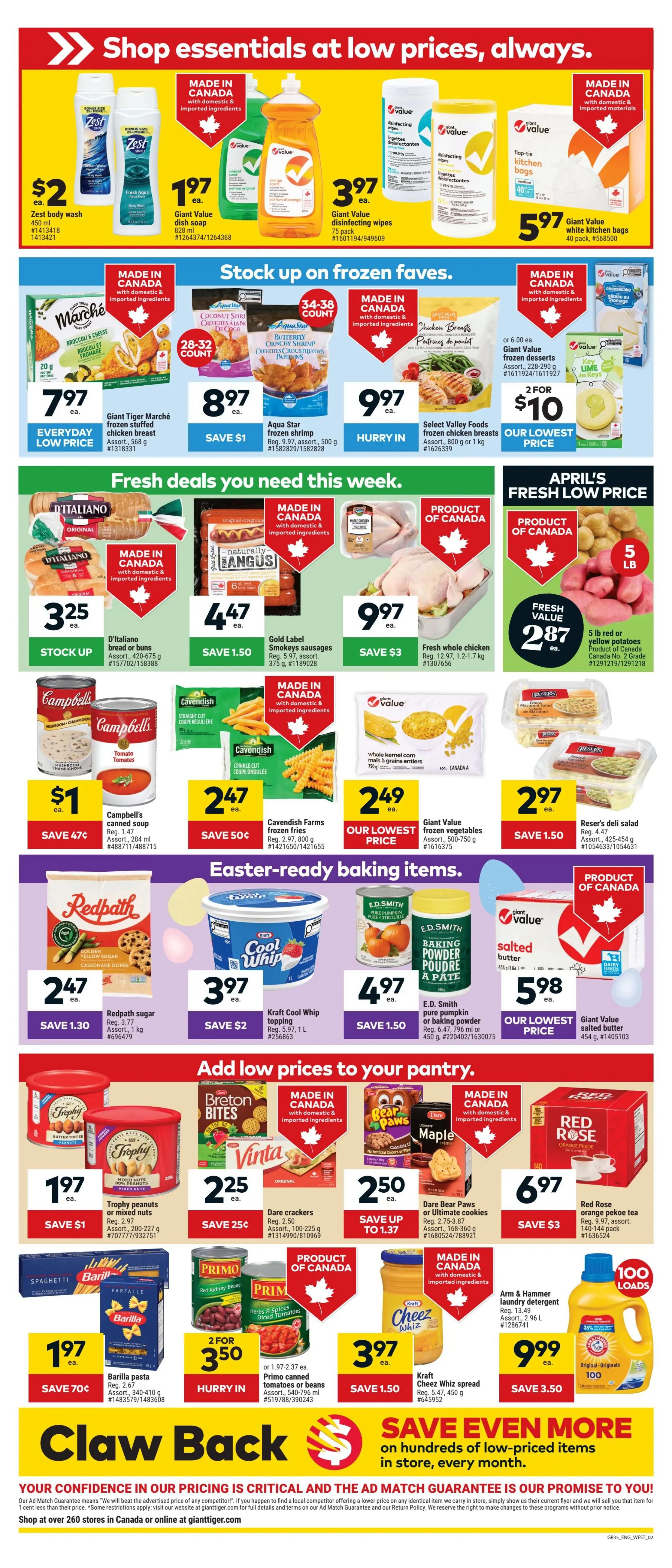 Giant Tiger weekly flyer specials for Western Canada, page 2. Top section features Zest body wash for $2, Giant Value dish soap for $1.97, Giant Value disinfecting wipes for $3.97, and Giant Value white kitchen bags for $5.97. The next section, 'Stock up on frozen faves', includes Giant Tiger Marche frozen stuffed chicken breast for $7.97, Aqua Star frozen shrimp for $8.97, and Select Valley Foods frozen chicken breasts for $9.97. Also featured are 2 for $10 Select Valley Foods frozen desserts. The 'Fresh deals you need this week' section offers D'Italiano bread or buns for $3.25, Gold Label smokies sausages for $4.47, and fresh whole chicken for $9.97. April's Fresh Low Price includes 5 lb red or yellow potatoes for $2.87. Other deals include Campbell's canned soup for $1, Cavendish Farms frozen fries for $2.47, and Giant Value frozen vegetables for $2.49. The 'Easter-ready baking items' section has Redpath sugar for $2.47, Kraft Cool Whip topping for $3.97, E.D. Smith pure pumpkin or baking powder for $4.97, and Giant Value salted butter for $5.98. The 'Add low prices to your pantry' section includes Trophy peanuts or mixed nuts for $1.97, Dare crackers for $2.25, Dare Bear Paws or Ultimate cookies for $2.50, Red Rose pekoe tea for $6.97, Barilla pasta for $1.97, Primo canned tomatoes or beans for 2 for $3.50, Kraft Cheez Whiz spread for $3.97, and Arm & Hammer laundry detergent for $9.99.
