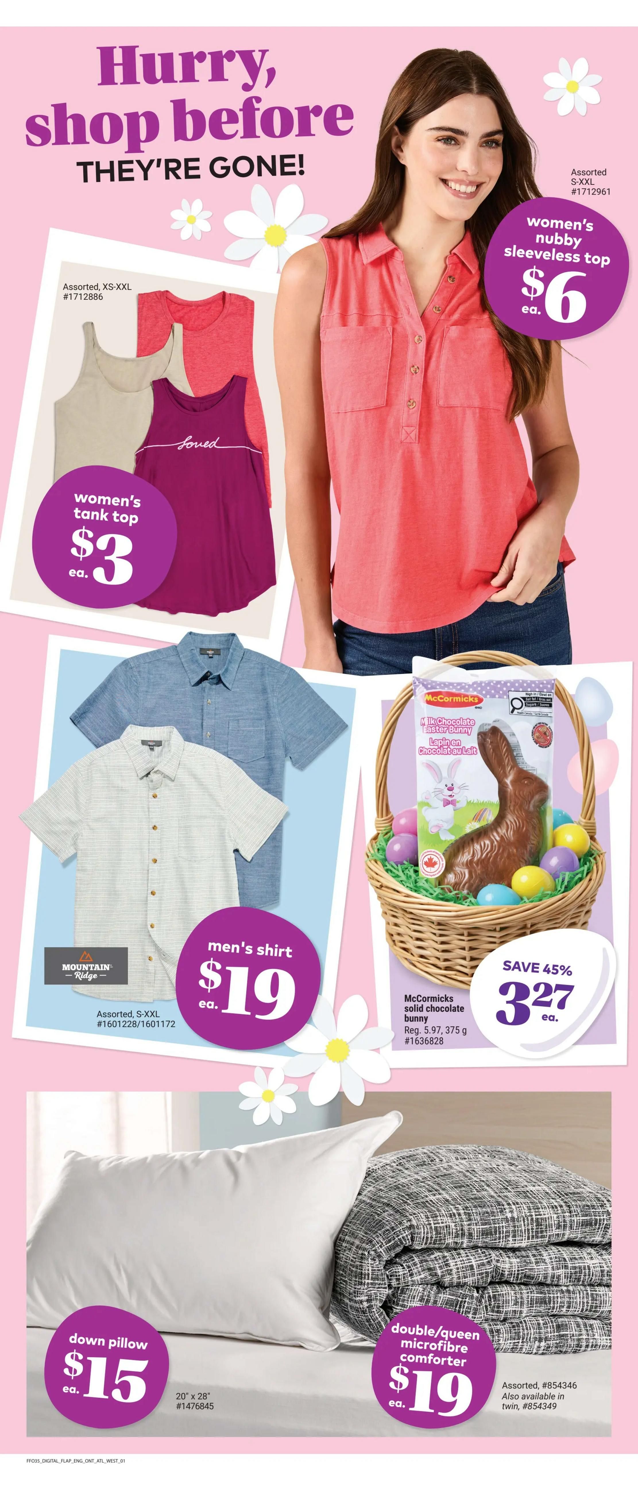 Giant Tiger weekly flyer specials page 3 features a 'Hurry, shop before THEY'RE GONE!' theme. Featured items include women's nubby sleeveless tops for $6 each, available in assorted sizes XS-XXL. Women's tank tops are $3 each, available in assorted sizes XS-XXL. Men's shirts from Mountain Ridge are $19 each, available in assorted sizes S-XXL. A McCormick's solid chocolate Easter bunny, weighing 375 g, is on sale for $3.27, saving 45%. Also available are a 20' x 28' down pillow for $15 each and a double/queen microfibre comforter for $19 each, available in assorted colours and also in twin size.
