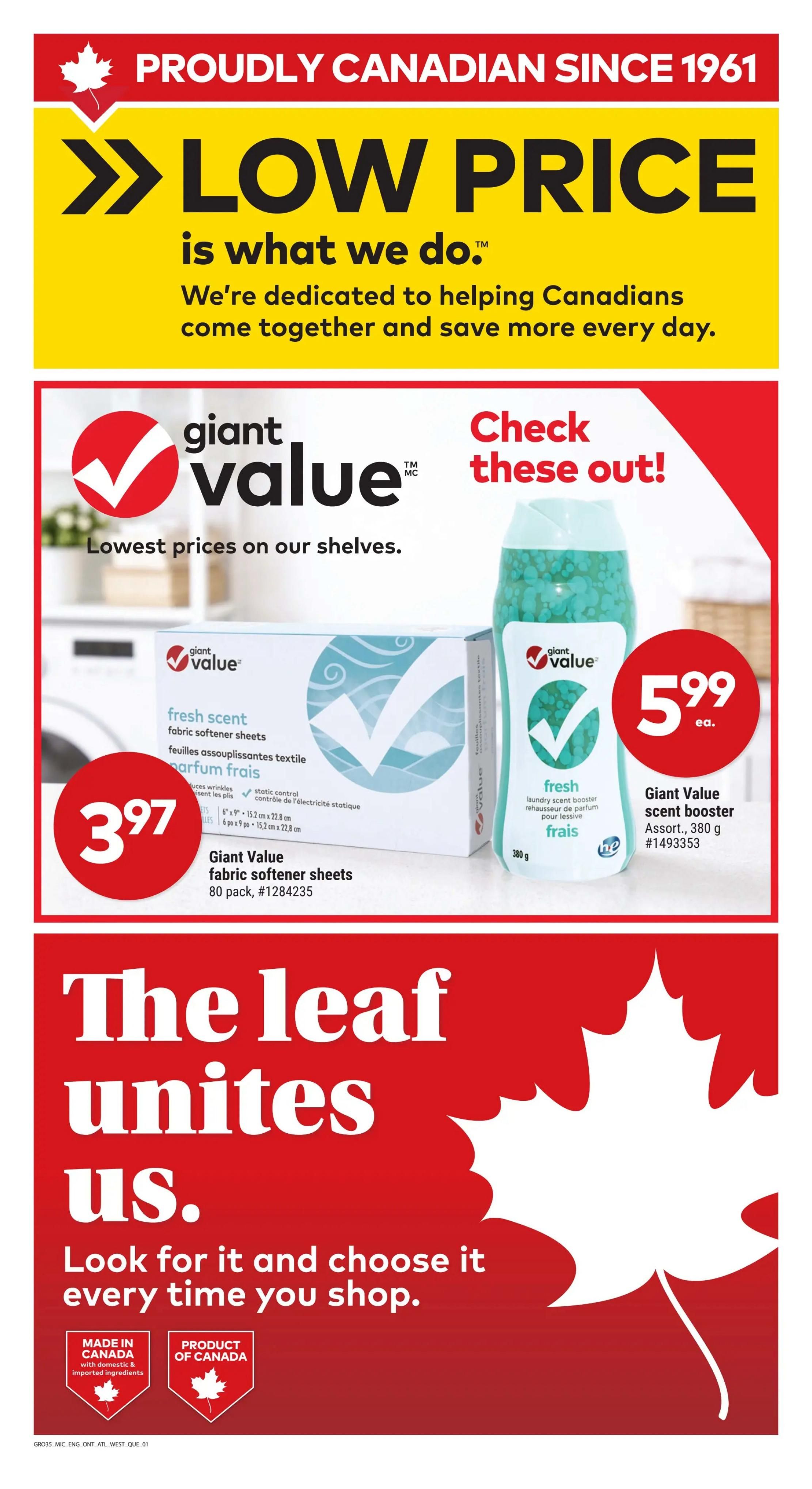 Giant Tiger flyer page 4 features 'Proudly Canadian Since 1961' and 'Low Price is What We Do.' The page highlights Giant Value products, including Giant Value fresh scent fabric softener sheets, 80 pack, for $3.97, and Giant Value fresh laundry scent booster, 380 g, for $5.99 each. The bottom section of the page has a red background with white text that says 'The leaf unites us. Look for it and choose it every time you shop.' with 'Made in Canada' and 'Product of Canada' logos.