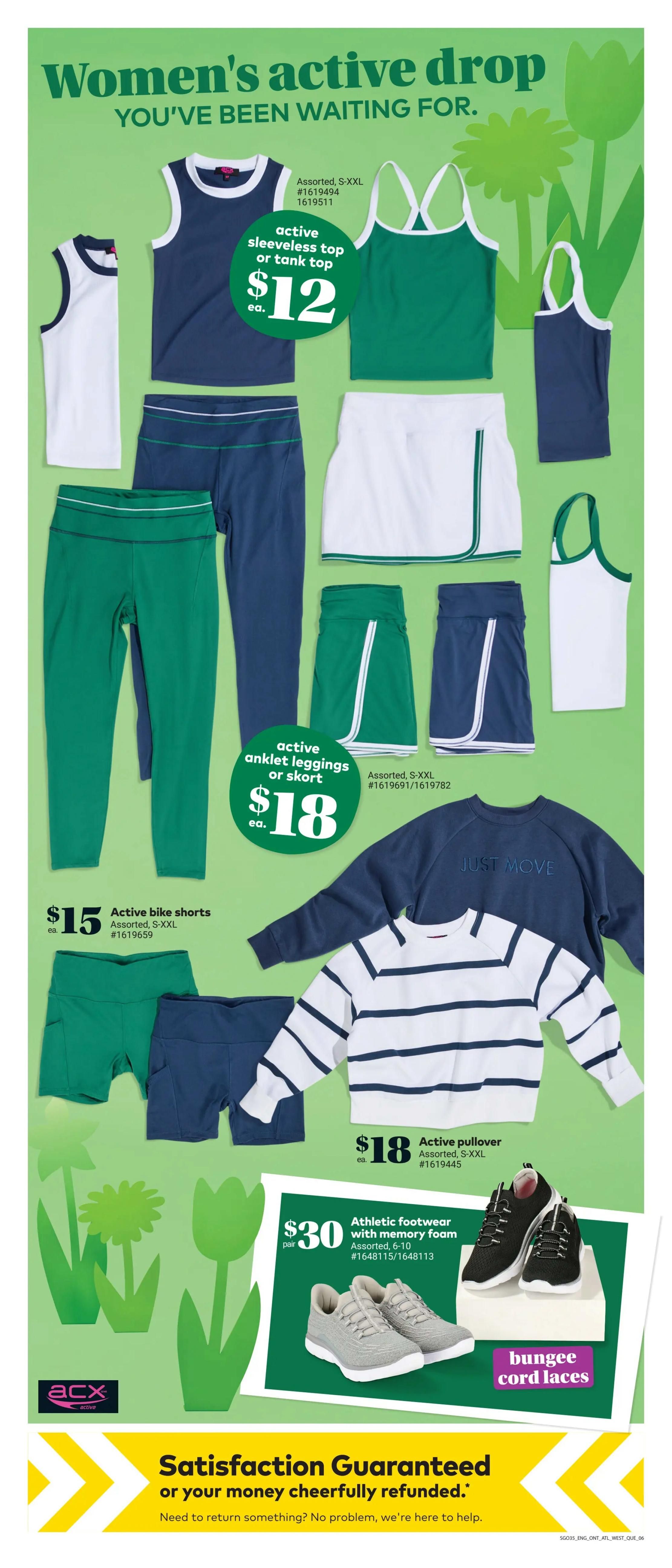 Giant Tiger weekly flyer specials page 8 features a women's active drop collection. Items include active sleeveless tops or tank tops for $12 each, active bike shorts for $15 each, and active anklelet leggings or skorts for $18 each. Also available are active pullovers for $18 each and athletic footwear with memory foam for $30 per pair. The footwear comes in black and grey and features bungee cord laces. All activewear is assorted in sizes S-XXL. The page also includes the Giant Tiger satisfaction guarantee.