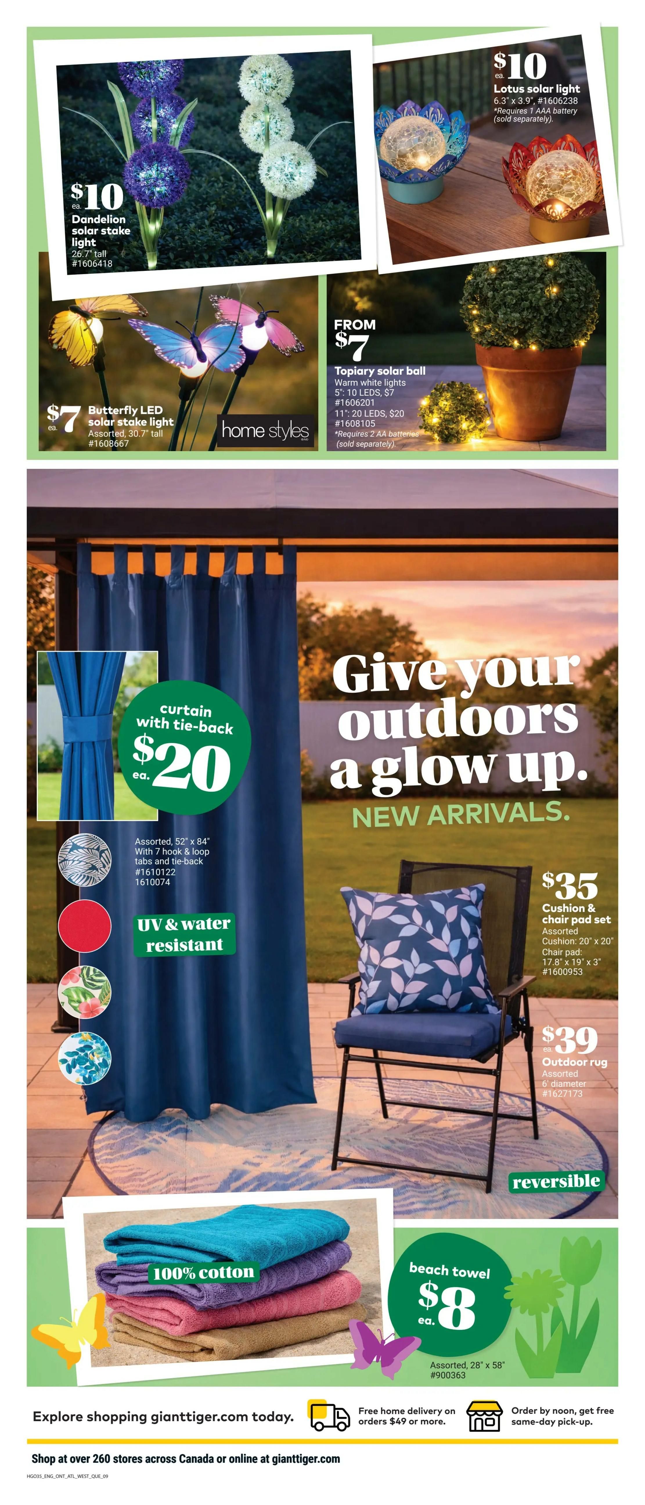 Giant Tiger weekly flyer specials page 11 features outdoor and home decor. Top row includes a $10 Dandelion solar stake light, 26.7' tall, and $10 Lotus solar lights, 6.3' x 3.9'. Below that, a $7 Butterfly LED solar stake light, assorted, 30.7' tall, and a 'From $7' Topiary solar ball with warm white lights, 5' with 10 LEDs, or 11' with 20 LEDs for $20. The centre of the page highlights 'Give your outdoors a glow up. NEW ARRIVALS.' with a large image of blue outdoor curtains with tie-back, assorted, 52' x 84', UV & water resistant, for $20. Also featured is a $35 Cushion & chair pad set, assorted, with a 20' x 20' cushion and a 17.8' x 19' x 3' chair pad. Next to it, a $39 reversible outdoor rug, 6' diameter. At the bottom, a stack of colourful 100% cotton beach towels for $8 each, assorted, 28' x 58'. The page also promotes exploring gianttiger.com, free home delivery on orders over $49, and same-day pick-up.